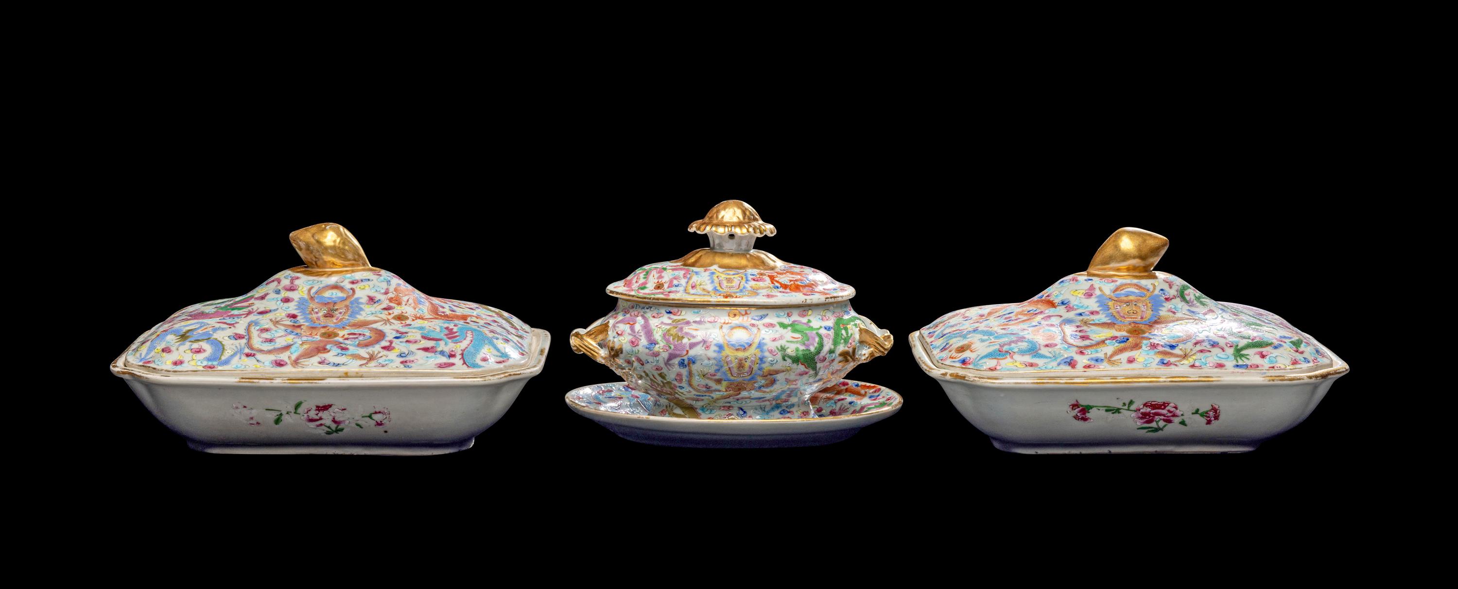 A Set of Three Chinese Famille Rose Porcelain Rectangular 'Dragons' Covered Tureens