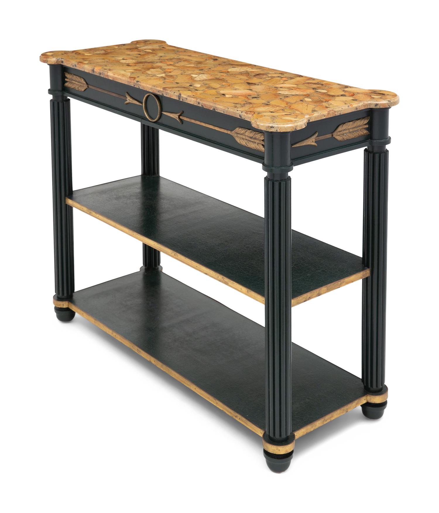 An Empire Style Painted and Gilt Bronze Mounted Faux Marble Top Console Table