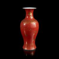 A Chinese coral-ground gilt-decorated baluster vase 珊瑚红地描金凤尾尊 Qing dynasty ?