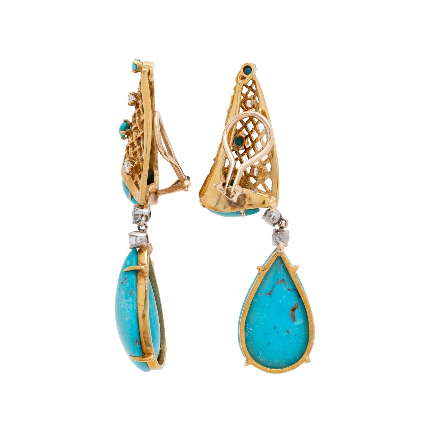 YELLOW GOLD, TREATED TURQUOISE AND DIAMOND EARCLIPS