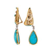 YELLOW GOLD, TREATED TURQUOISE AND DIAMOND EARCLIPS