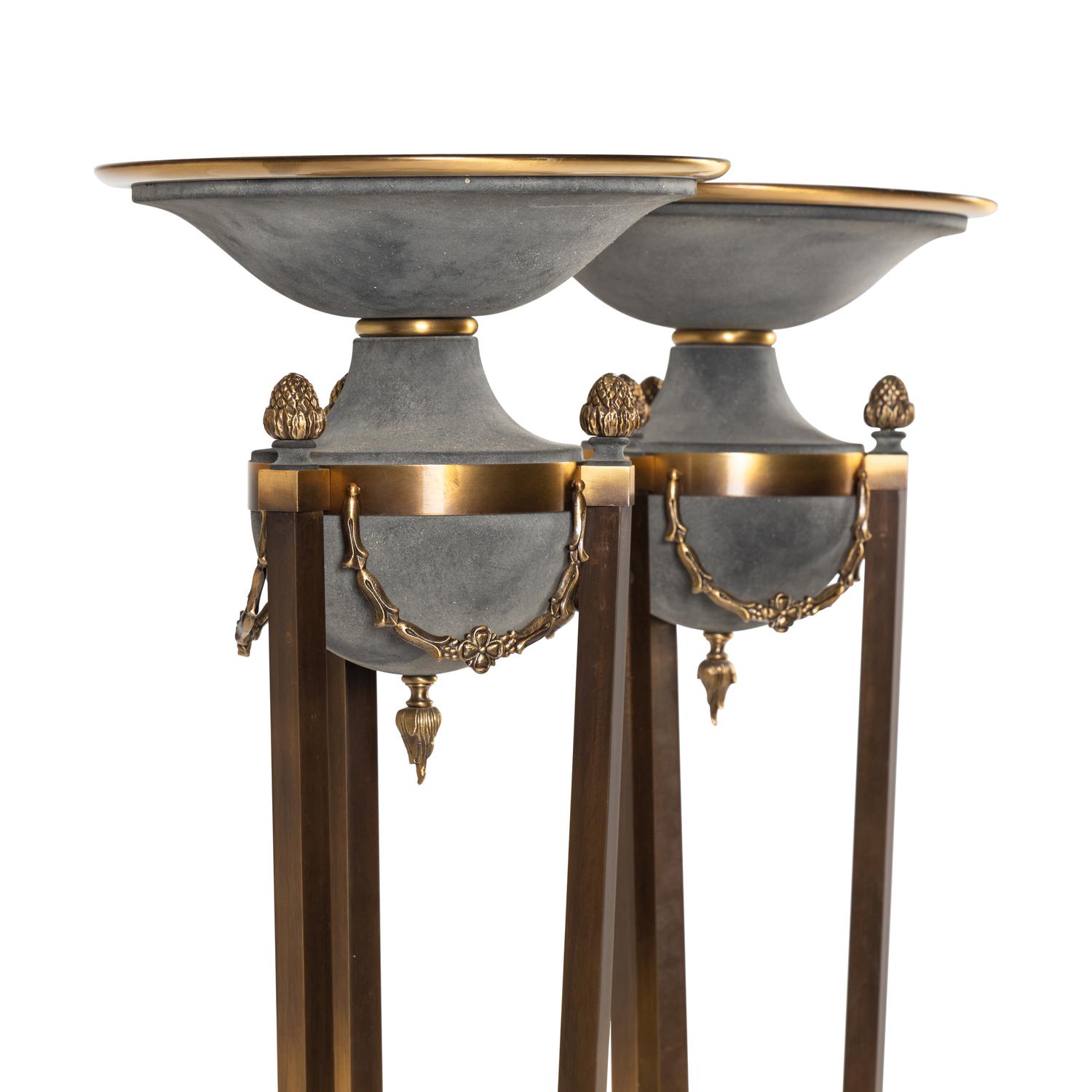 A Pair of Empire Style Brass and Glass Floor Lamps