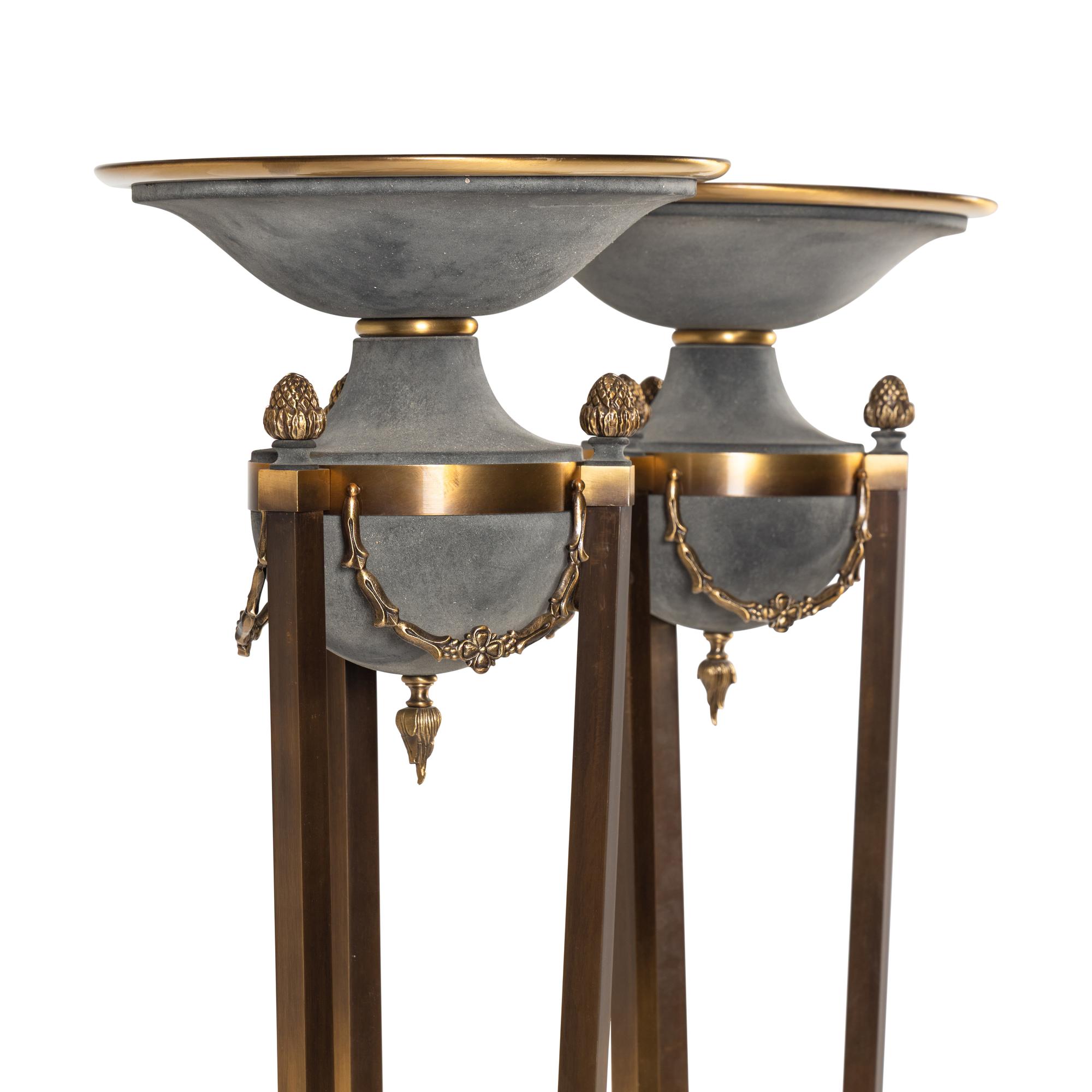 A Pair of Empire Style Brass and Glass Floor Lamps