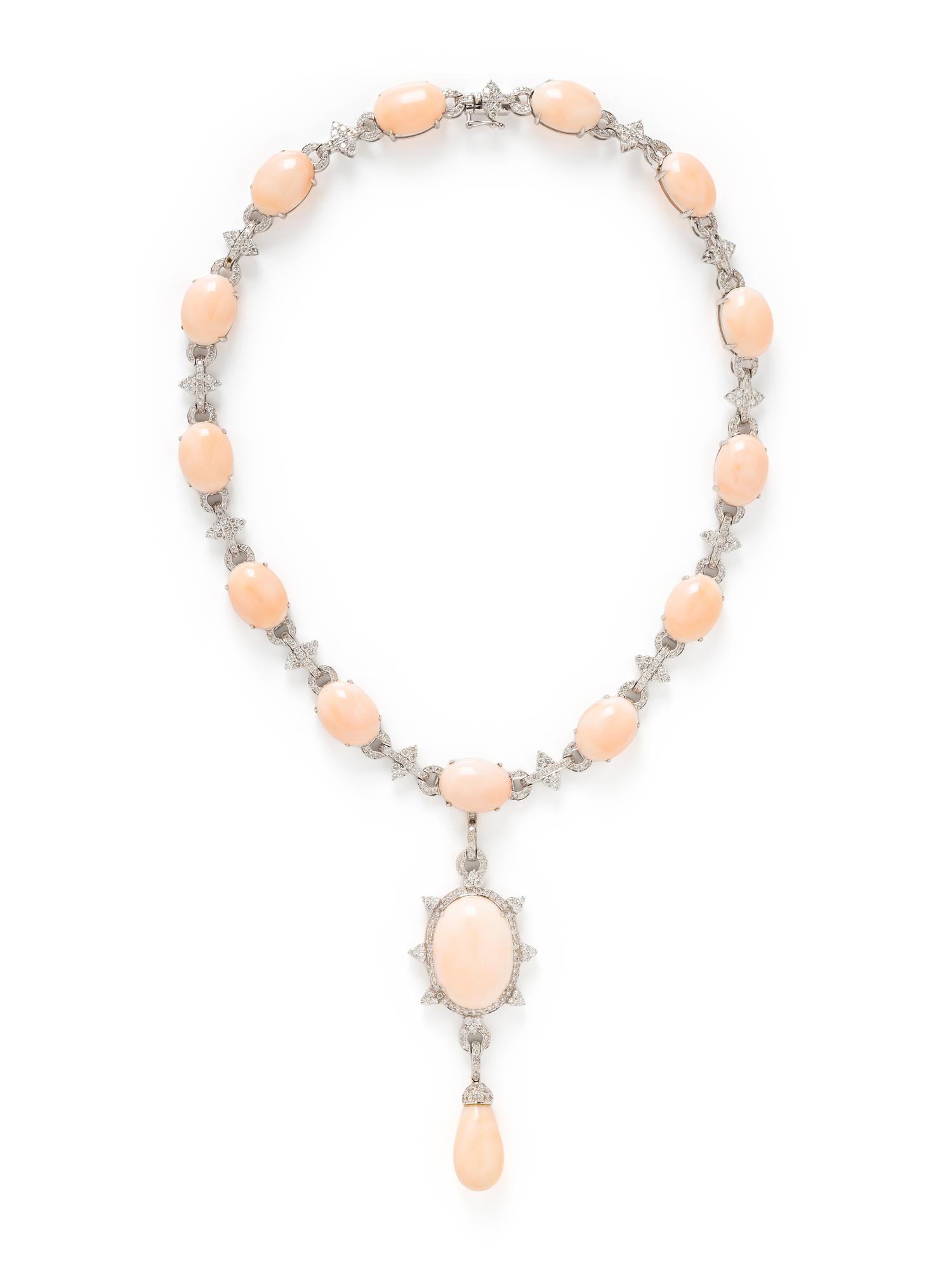 WHITE GOLD, CORAL, AND DIAMOND NECKLACE