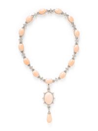 WHITE GOLD, CORAL, AND DIAMOND NECKLACE