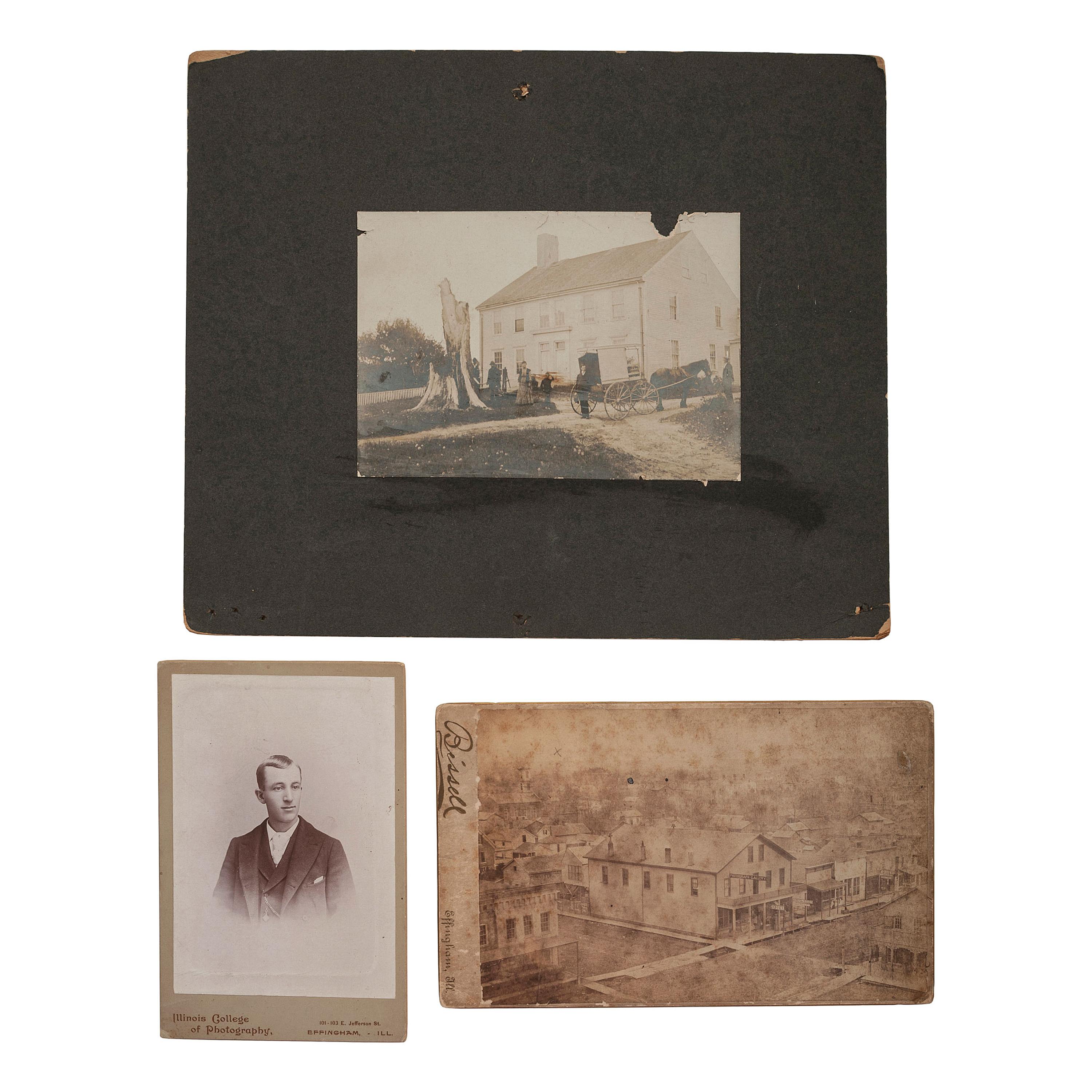 [EARLY PHOTOGRAPHY]. A group of albumen and silver gelatin photographs showing early photographers, their equipment, and pioneering techniques, comprising: