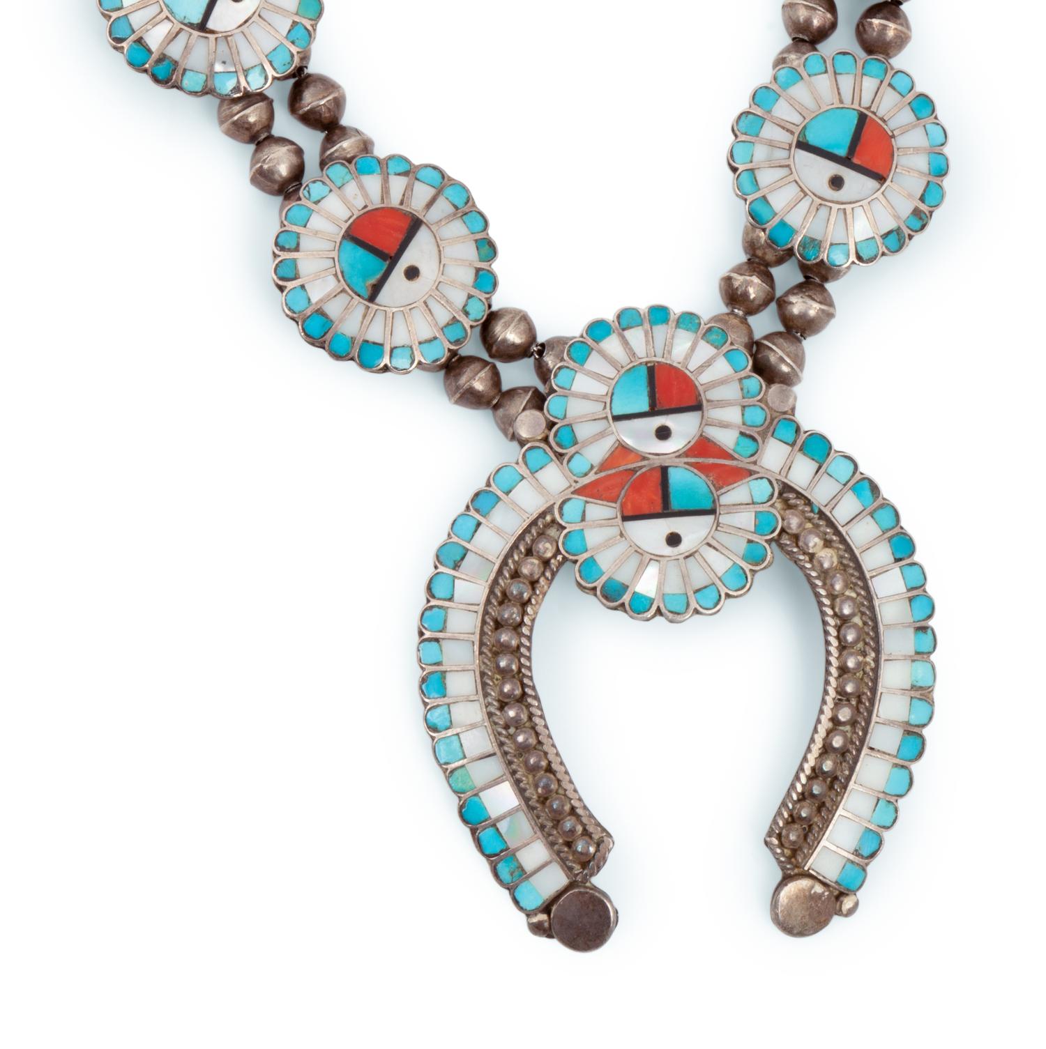 Zuni Silver and Mosaic Inlay Sunface Squash Blossom Necklace