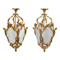 A Pair of Louis XV Style Gilt Bronze and Etched Glass Hall Lanterns