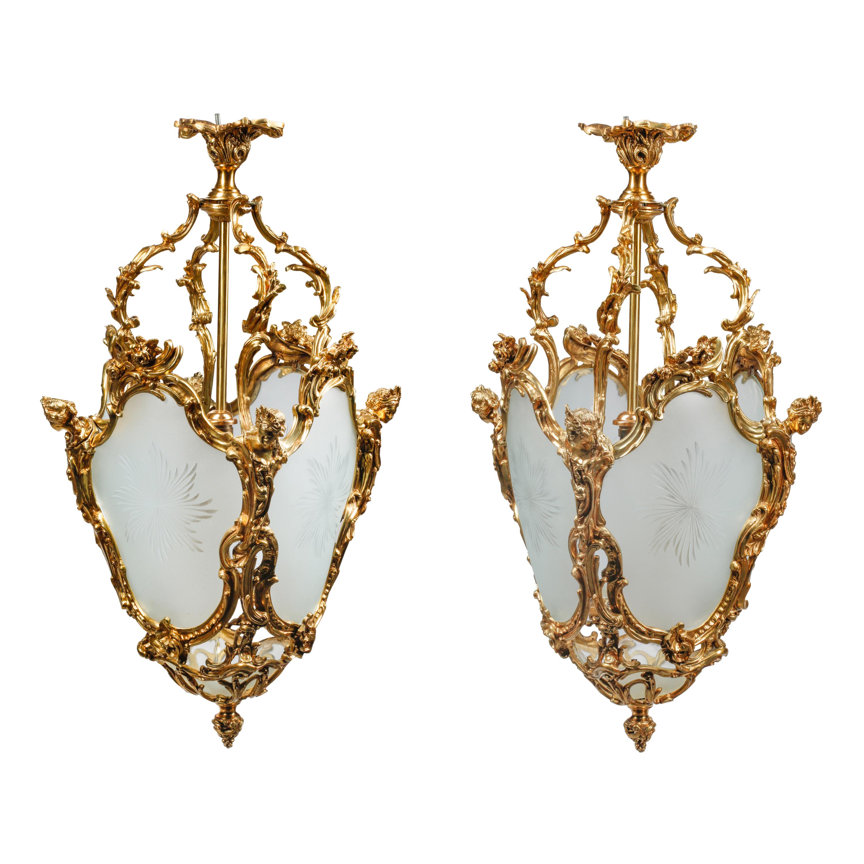 A Pair of Louis XV Style Gilt Bronze and Etched Glass Hall Lanterns