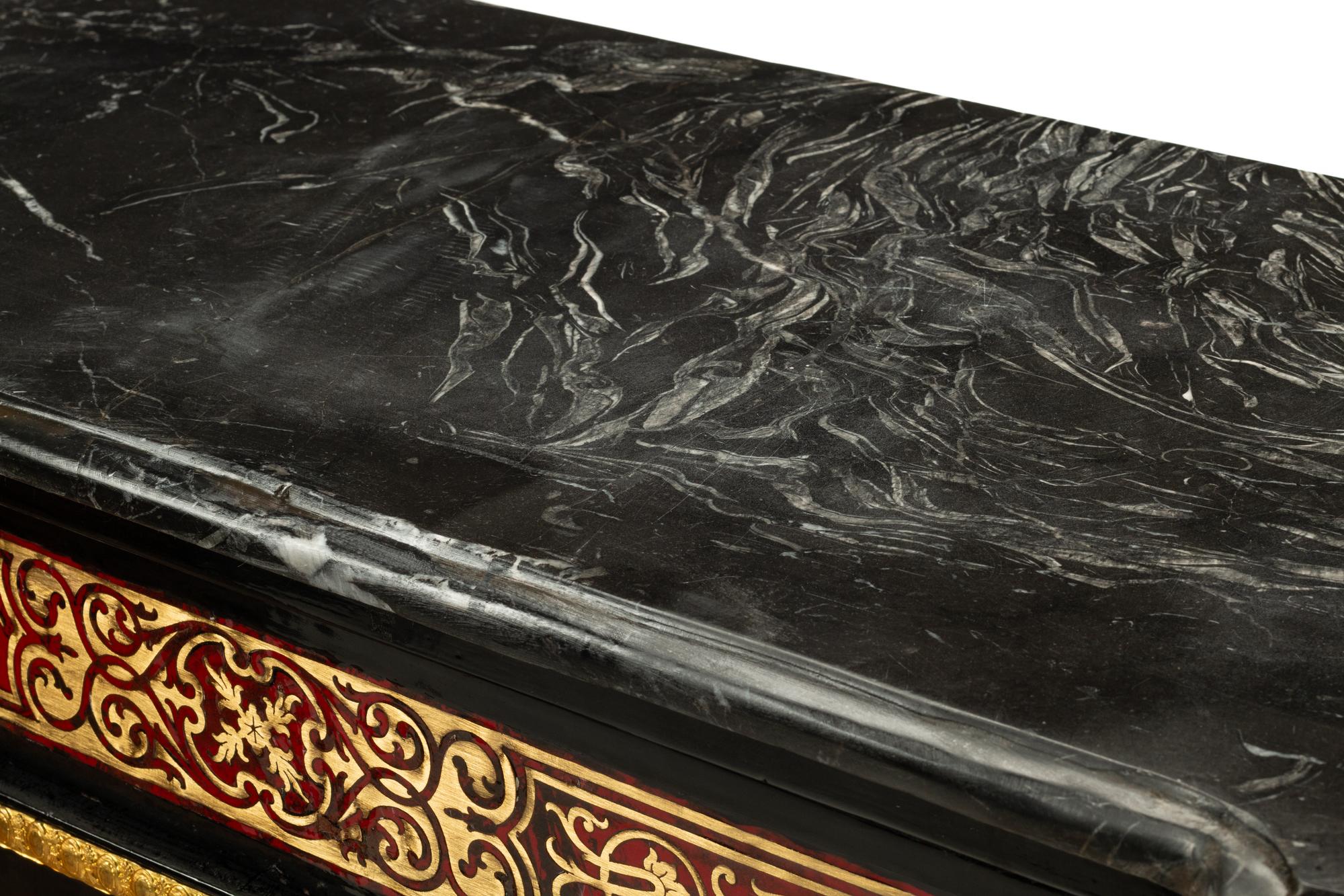 A Pair of Napoleon III Style Gilt Bronze Mounted Boulle Marquetry Marble-Top Cabinets