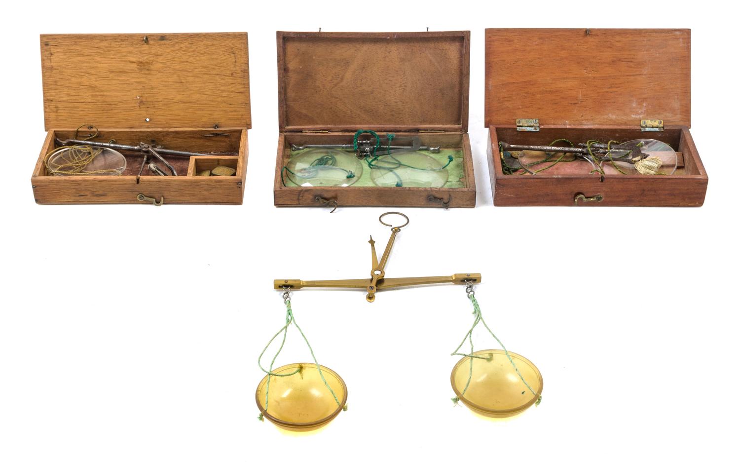 A Group of Four Portable Balance Scales Width of largest balance 6 inches. — LATE 19TH/EARLY 20TH CENTURY