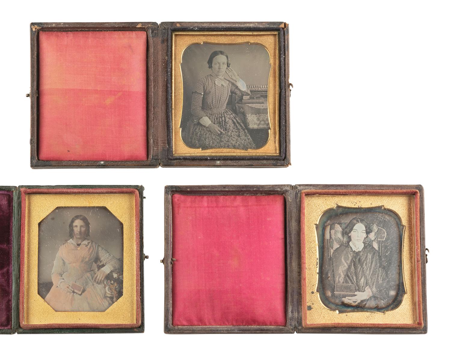 [EARLY PHOTOGRAPHY] 7 sixth plate daguerreotypes of young women with props, incl. flutina and books.