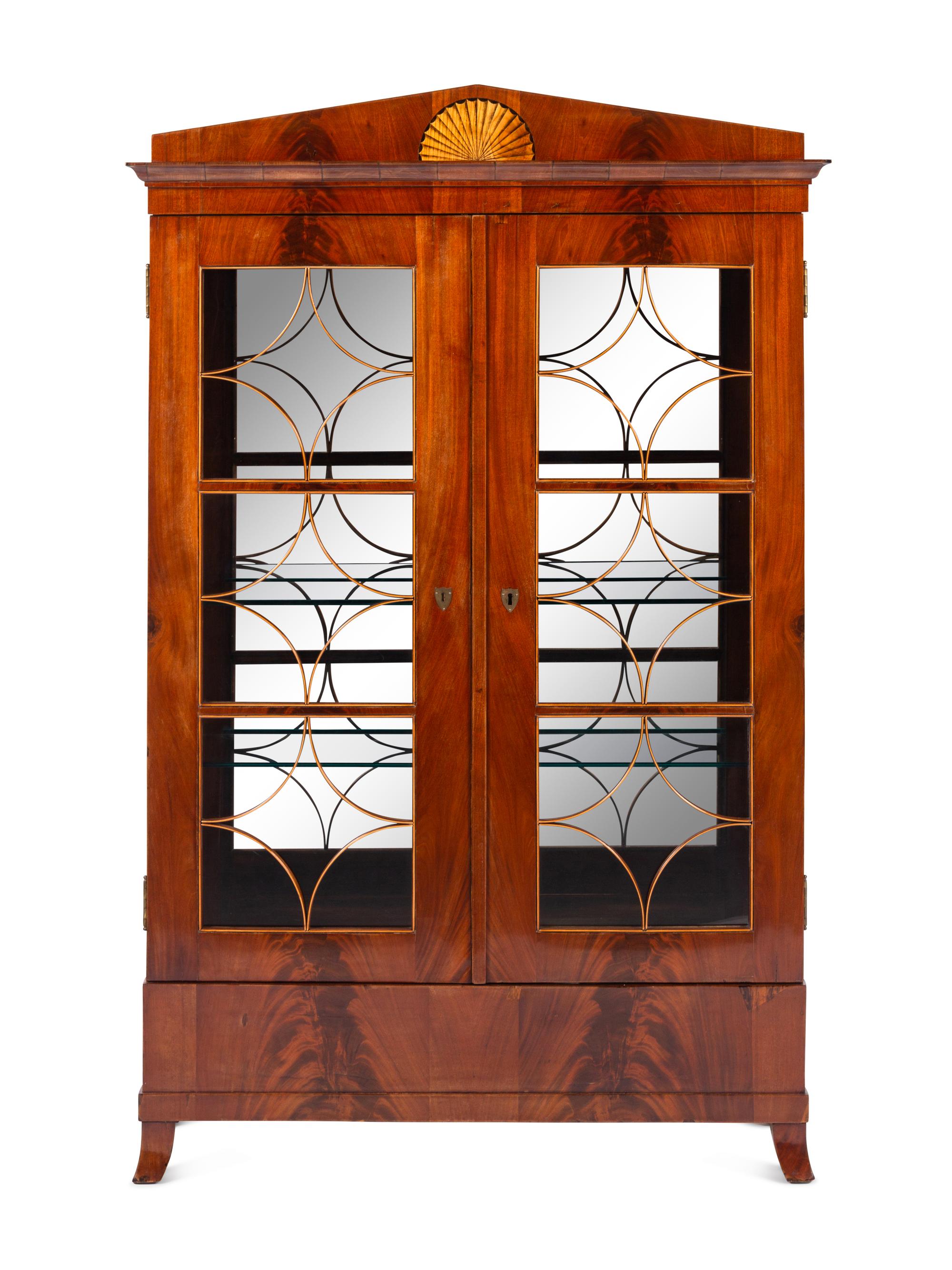 A Biedermeier Figured Mahogany and Marquetry Vitrine Cabinet