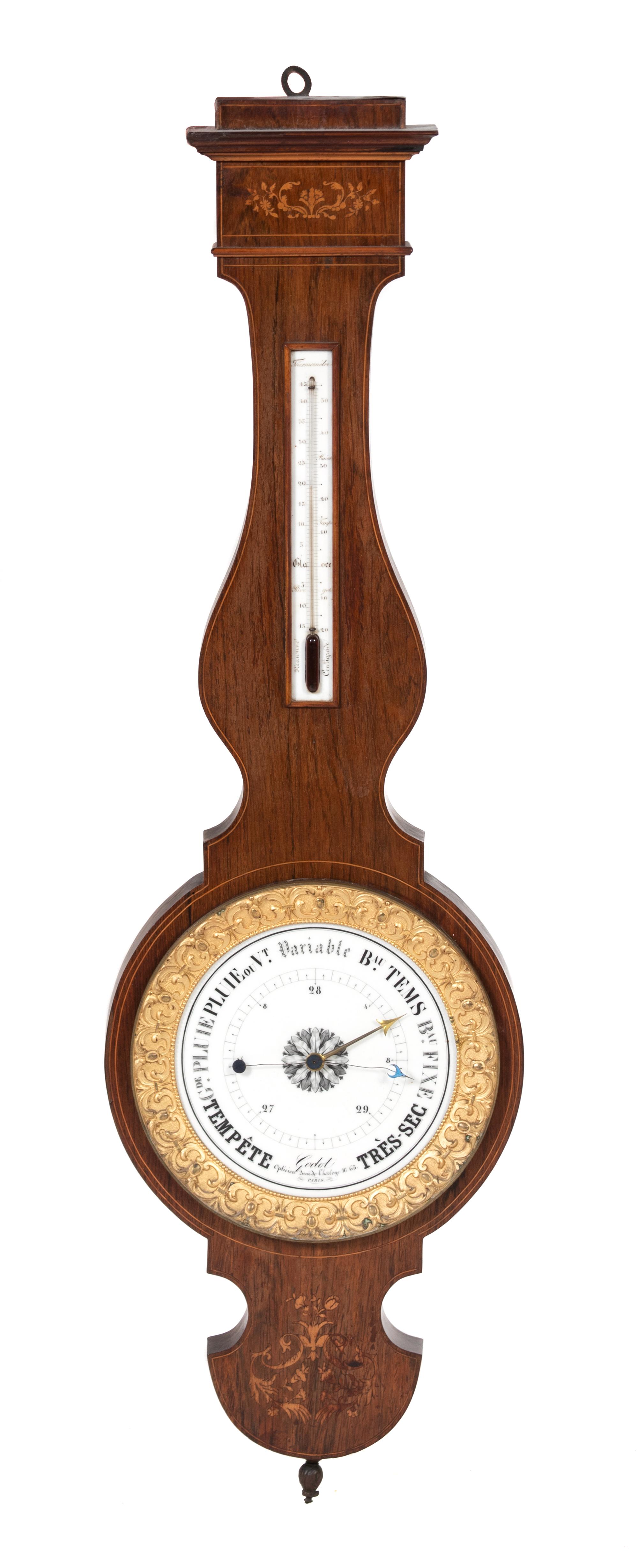 A French Marquetry Inlaid Rosewood and Gilt Bronze Barometer Height 41 inches. — 19TH CENTURY
