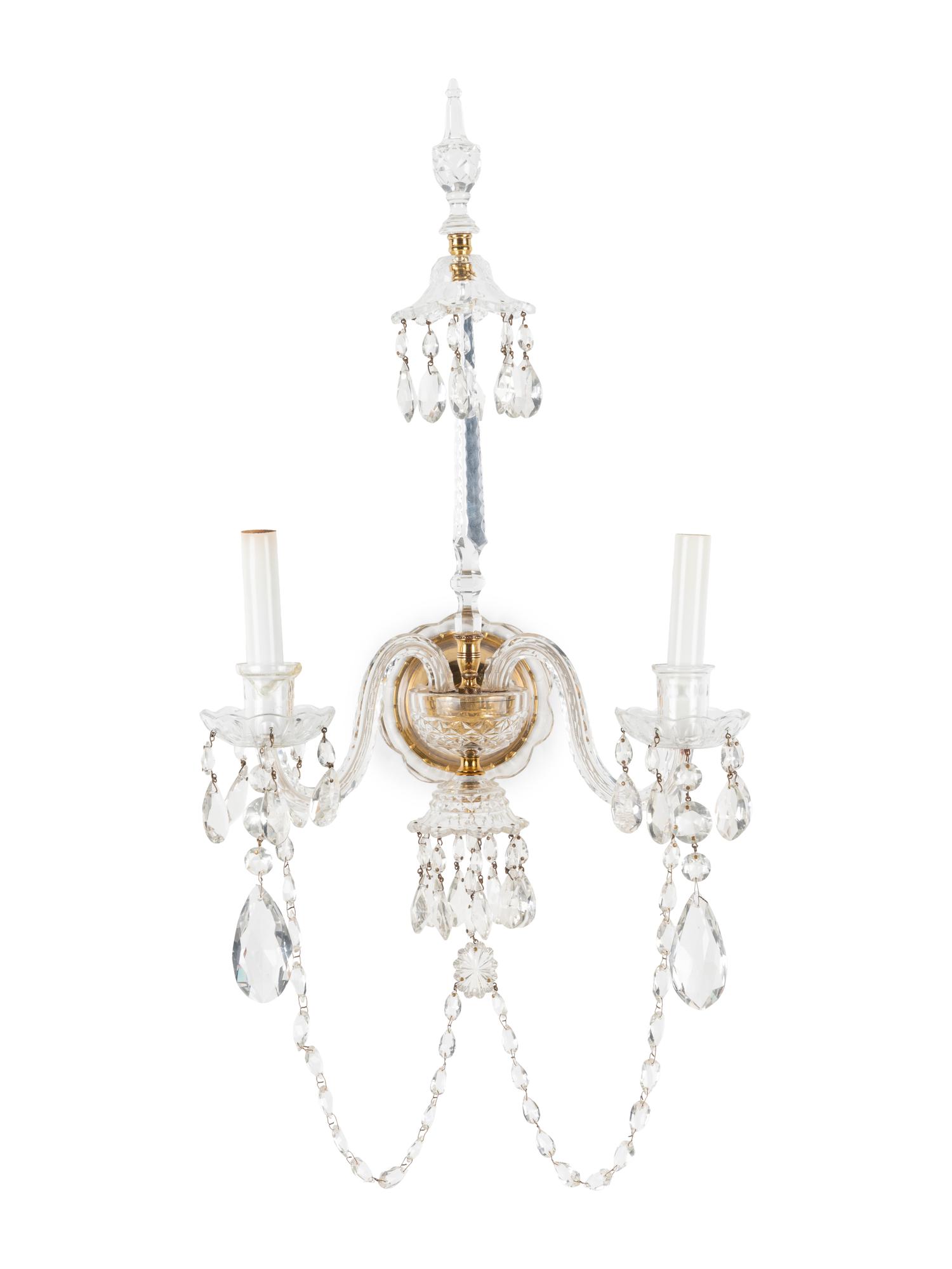 A Pair of Georgian Style Cut Glass Two-Light Sconces
