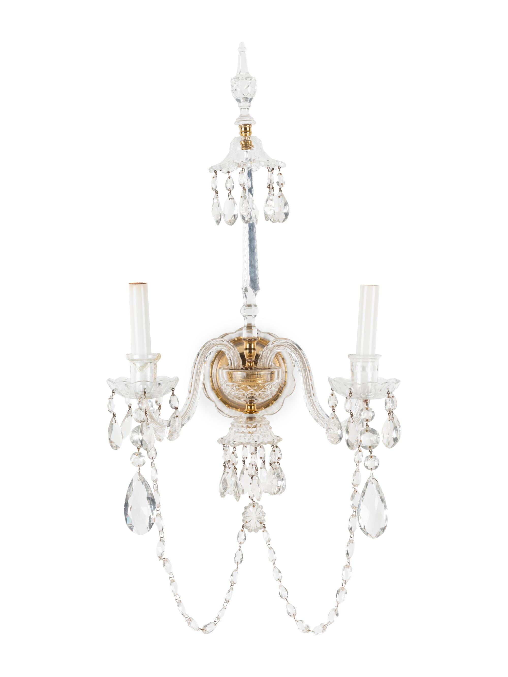 A Pair of Georgian Style Cut Glass Two-Light Sconces