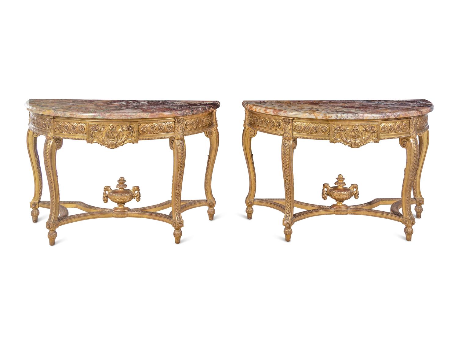 A Pair of Louis XVI Style Giltwood Marble-Top Console Tables