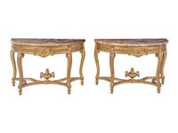 A Pair of Louis XVI Style Giltwood Marble-Top Console Tables