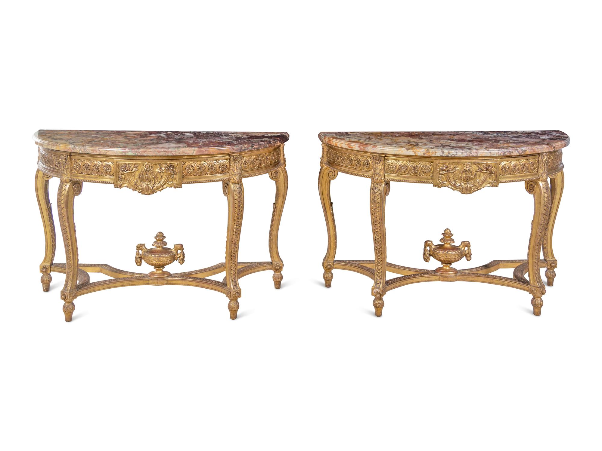 A Pair of Louis XVI Style Giltwood Marble-Top Console Tables