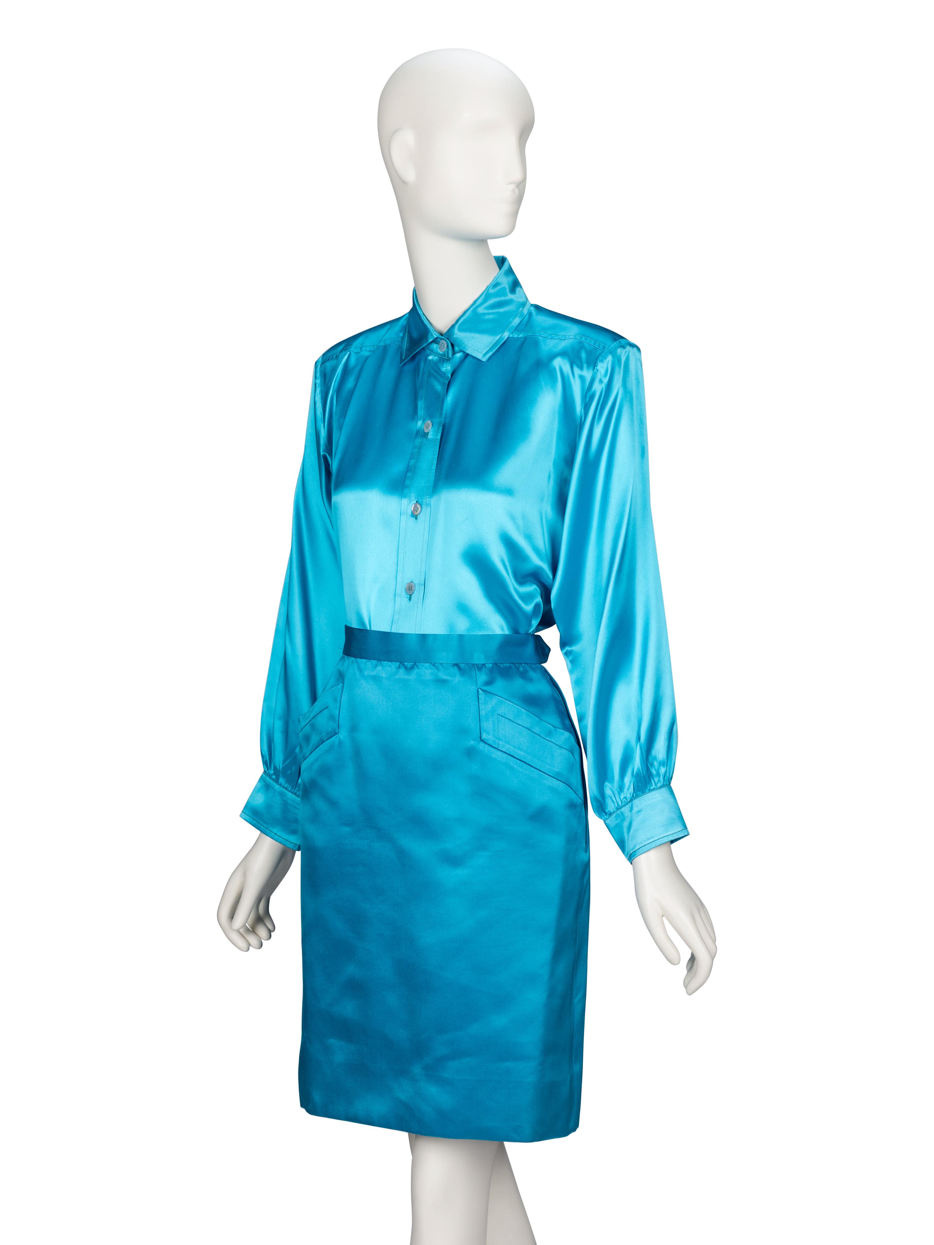 Saint Laurent Rive Gauche, Aqua Satin Skirt Ensemble