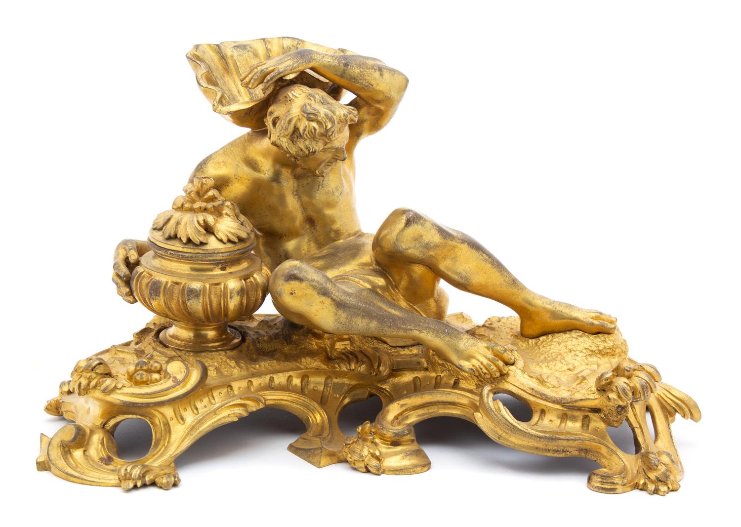 A Louis XV Style Gilt-Bronze Figural Encrier Height 5 1/4 x width 10 inches. — 19TH CENTURY