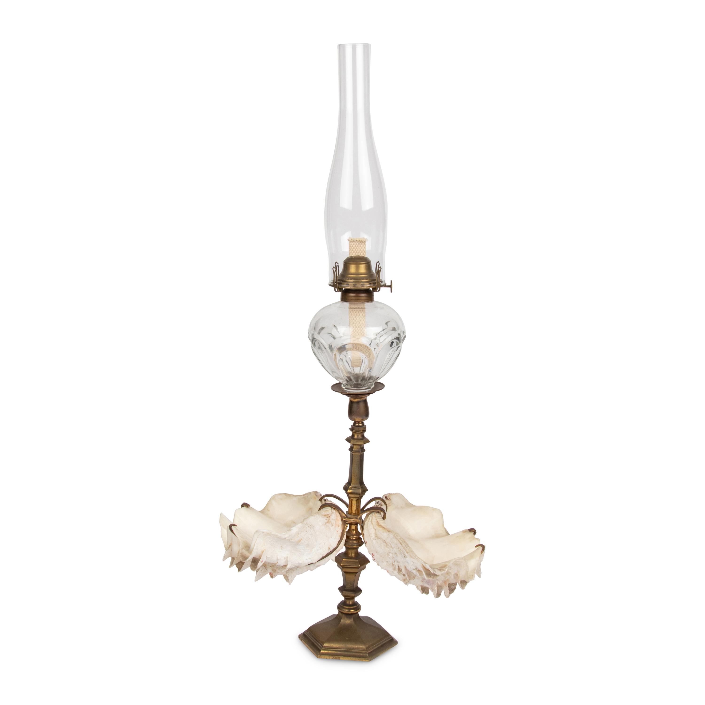 A Gilt Bronze and Clamshell Mounted Glass Oil Lamp
