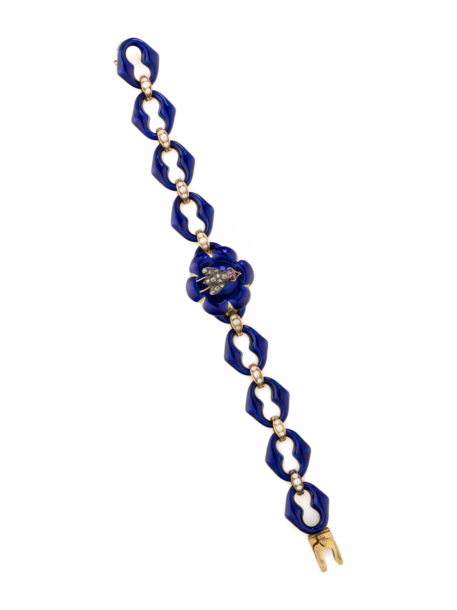 ANTIQUE, YELLOW GOLD, DIAMOND, SEED PEARL, AND ENAMEL INSECT BRACELET