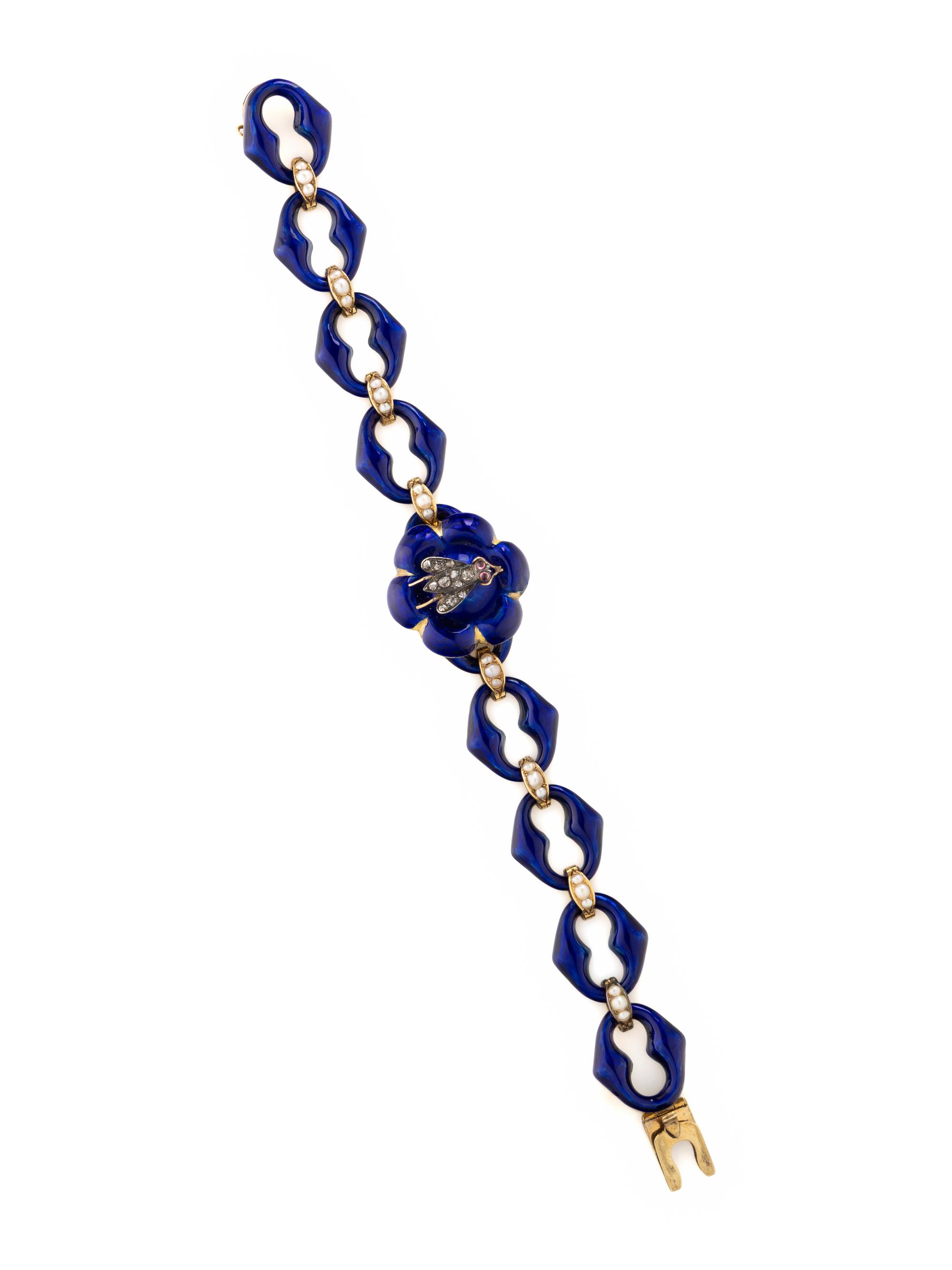 ANTIQUE, YELLOW GOLD, DIAMOND, SEED PEARL, AND ENAMEL INSECT BRACELET