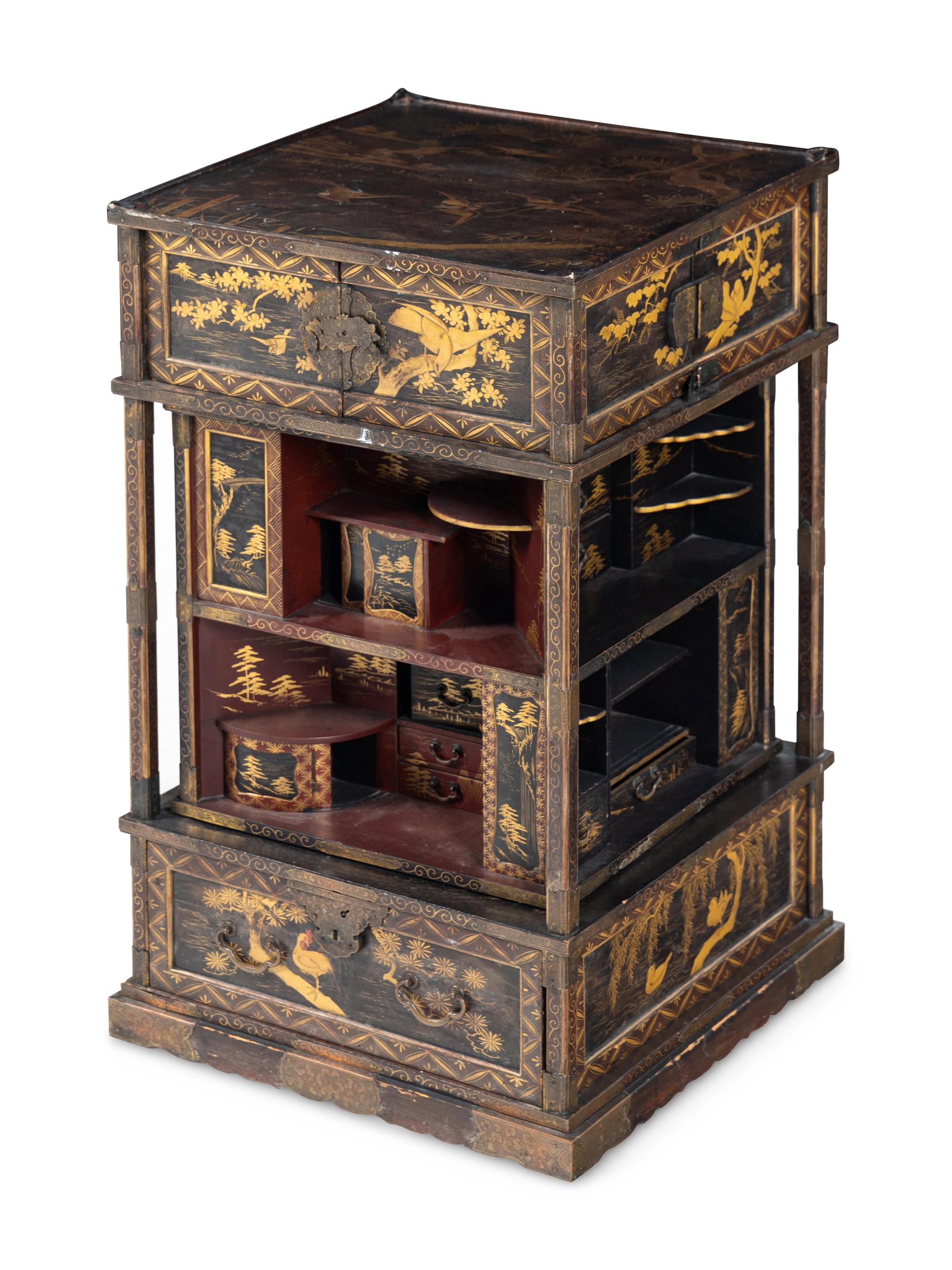 A Japanese Gold, Red, and Brown Lacquer Displaying Cabinet, Kazaridana