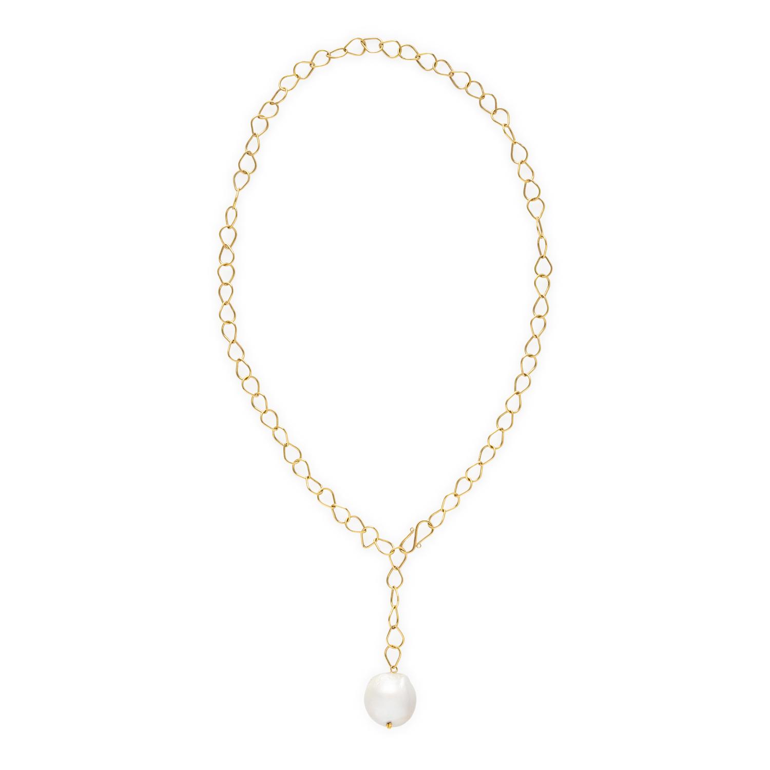 CULTURED PEARL AND YELLOW GOLD FANCY LINK NECKLACE