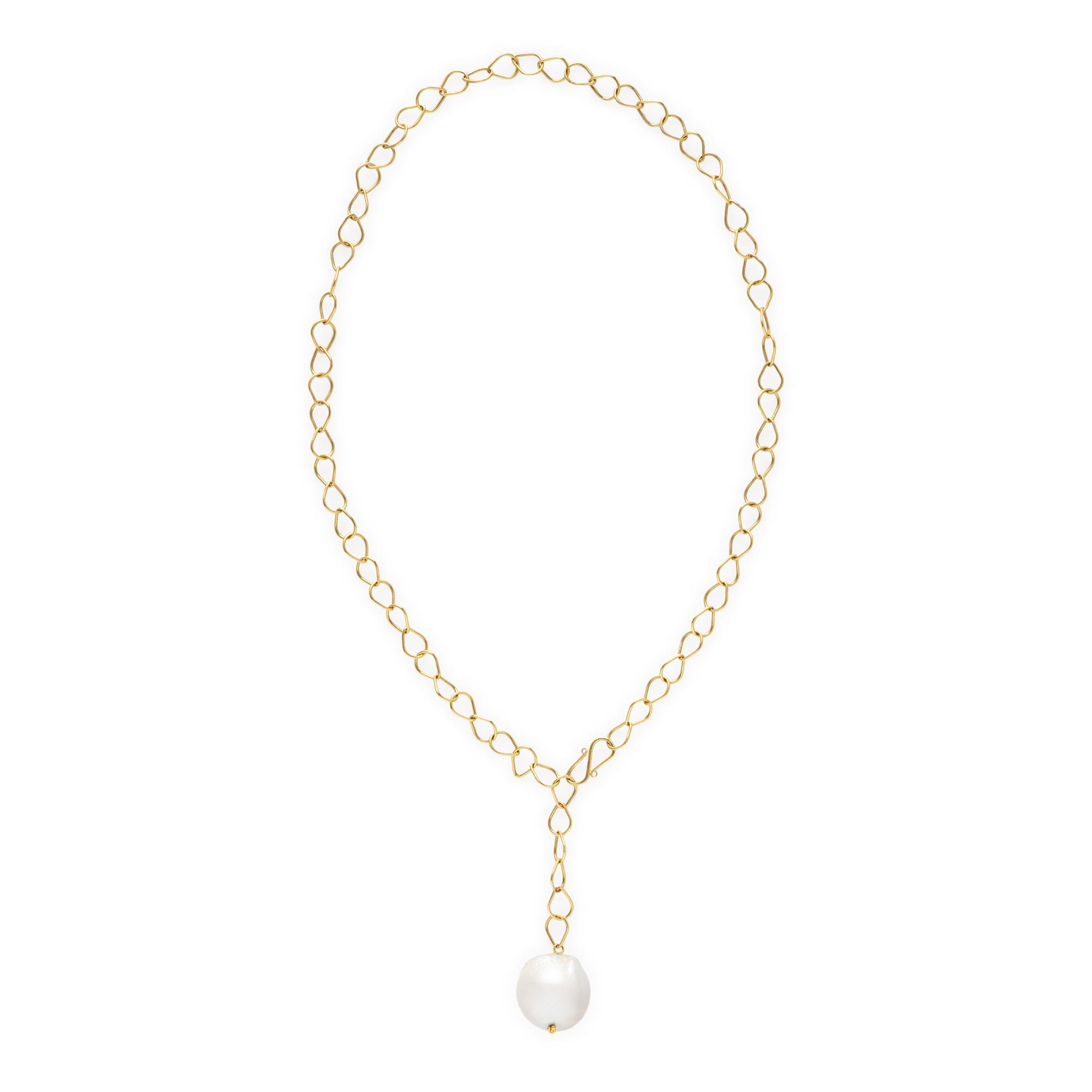 CULTURED PEARL AND YELLOW GOLD FANCY LINK NECKLACE