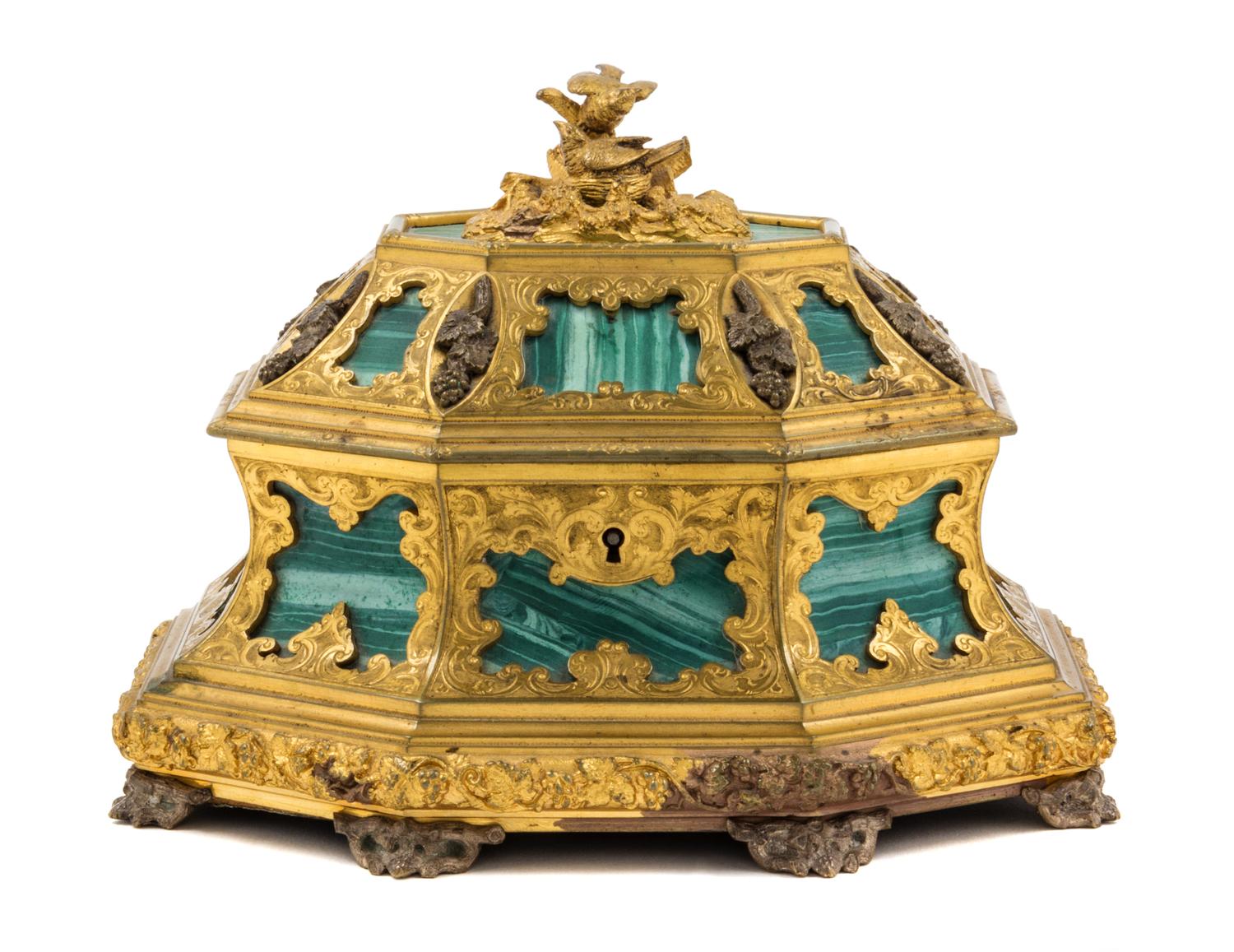 A Faux Malachite Mounted Gilt and Silvered Bronze Table Casket Height 5 x width 6 3/4 inches. — TAHAN, LATE 19TH/EARLY 20TH CENTURY