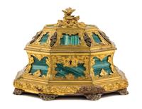 A Faux Malachite Mounted Gilt and Silvered Bronze Table Casket Height 5 x width 6 3/4 inches. — TAHAN, LATE 19TH/EARLY 20TH CENTURY