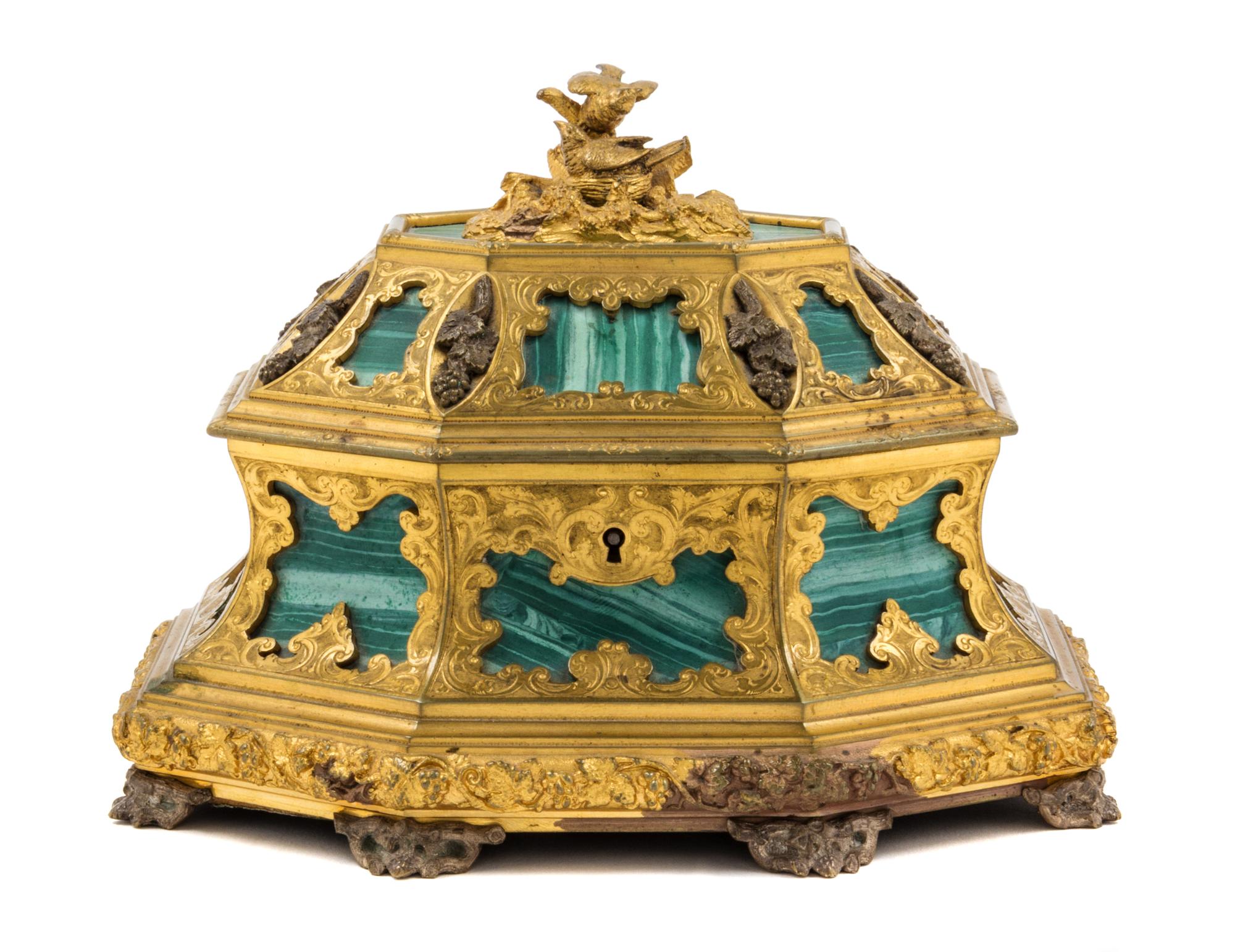 A Faux Malachite Mounted Gilt and Silvered Bronze Table Casket Height 5 x width 6 3/4 inches. — TAHAN, LATE 19TH/EARLY 20TH CENTURY