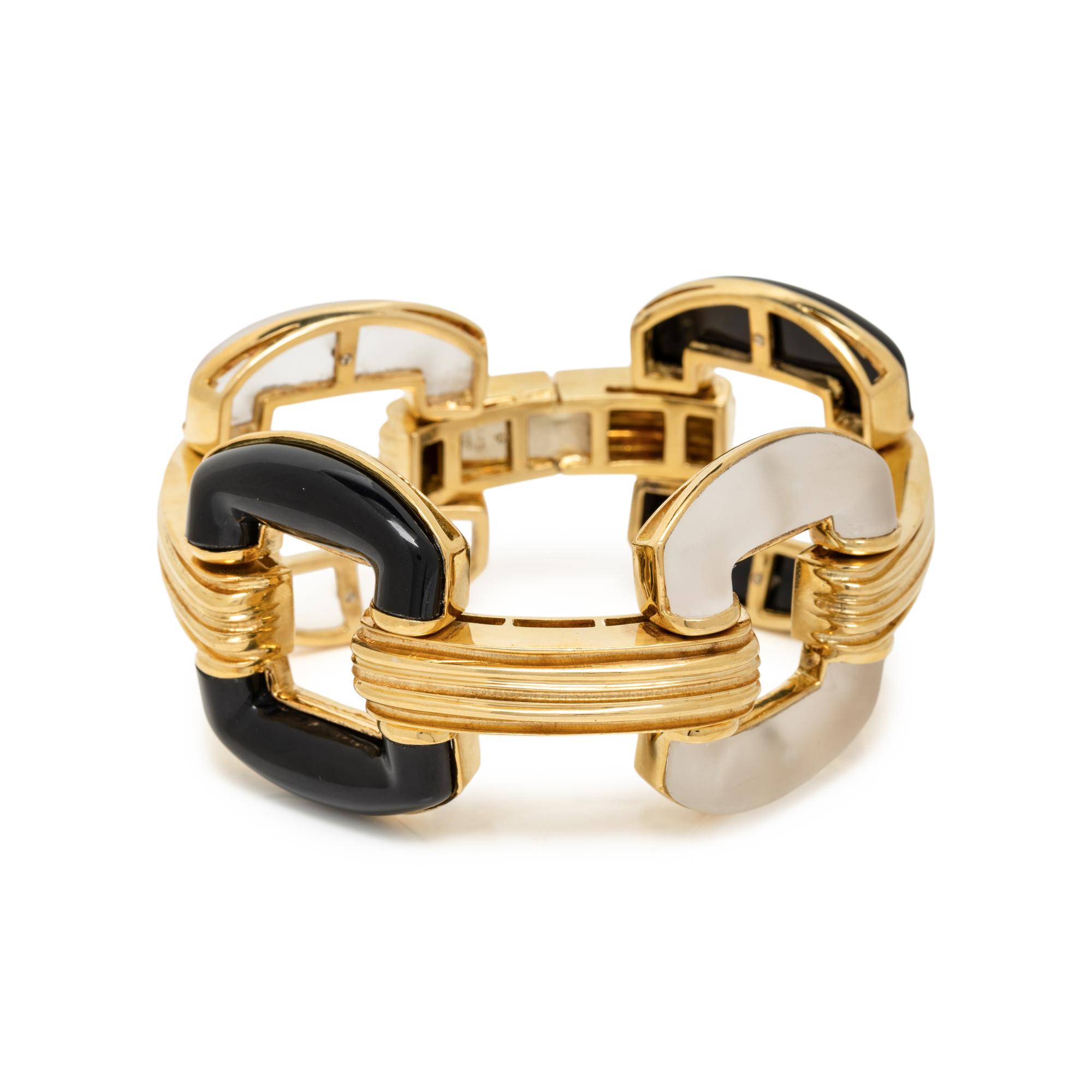ONYX, FROSTED CRYSTAL, AND YELLOW GOLD BRACELET