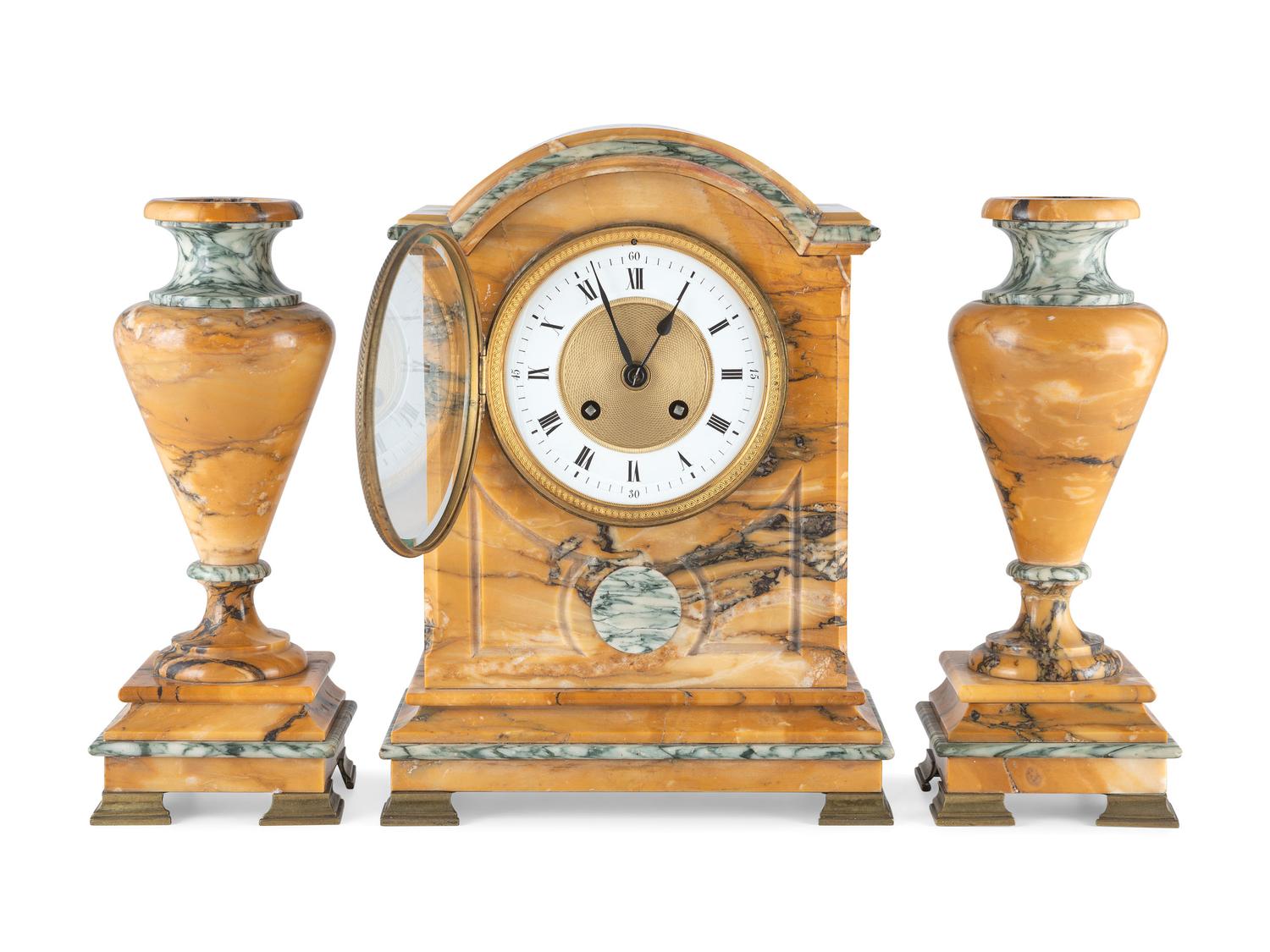 A French Marble Clock Garniture Set with Ormolu Mounts