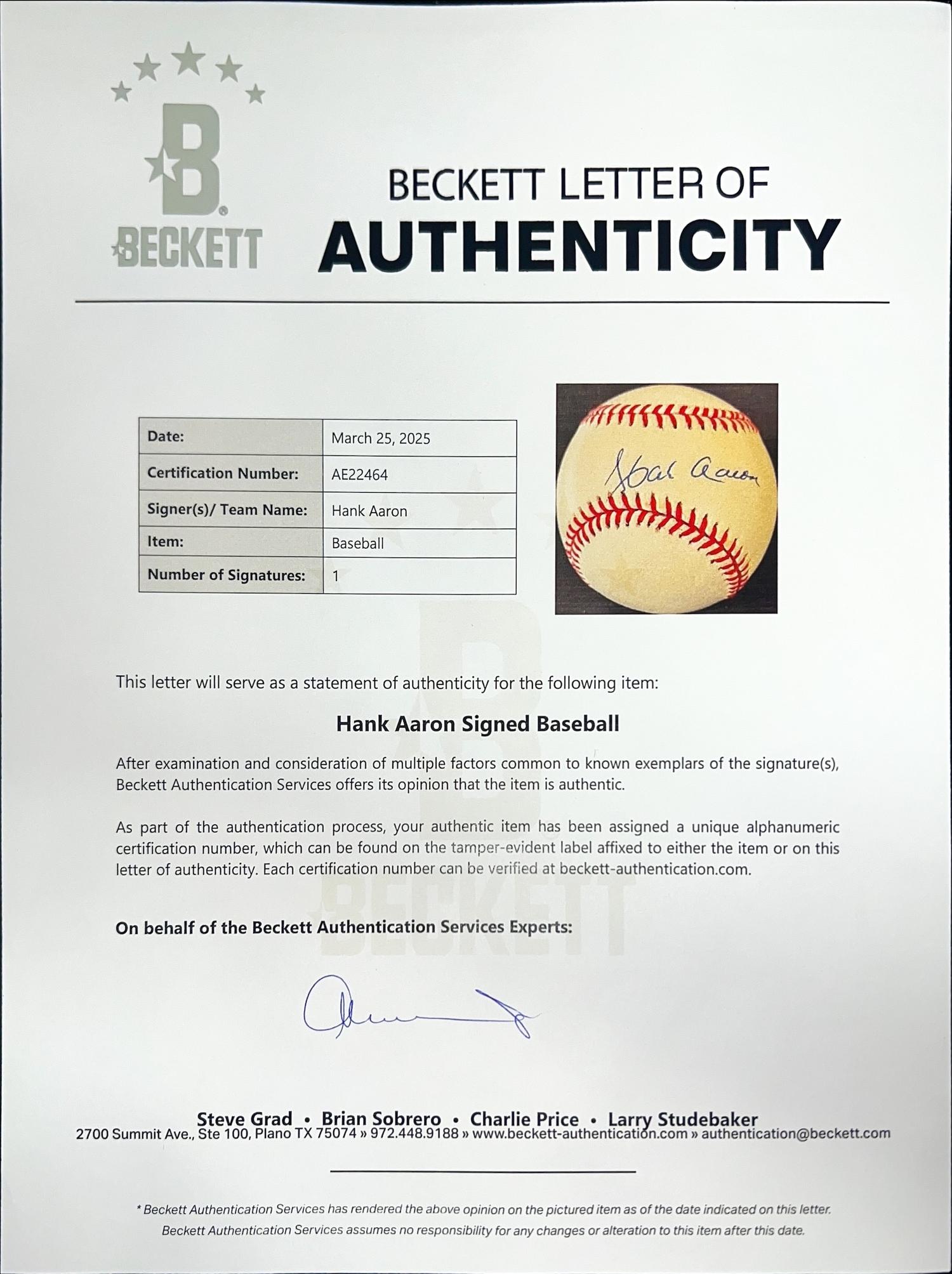 A Hank Aaron Single Signed Autograph Baseball (Beckett Authentication Services)