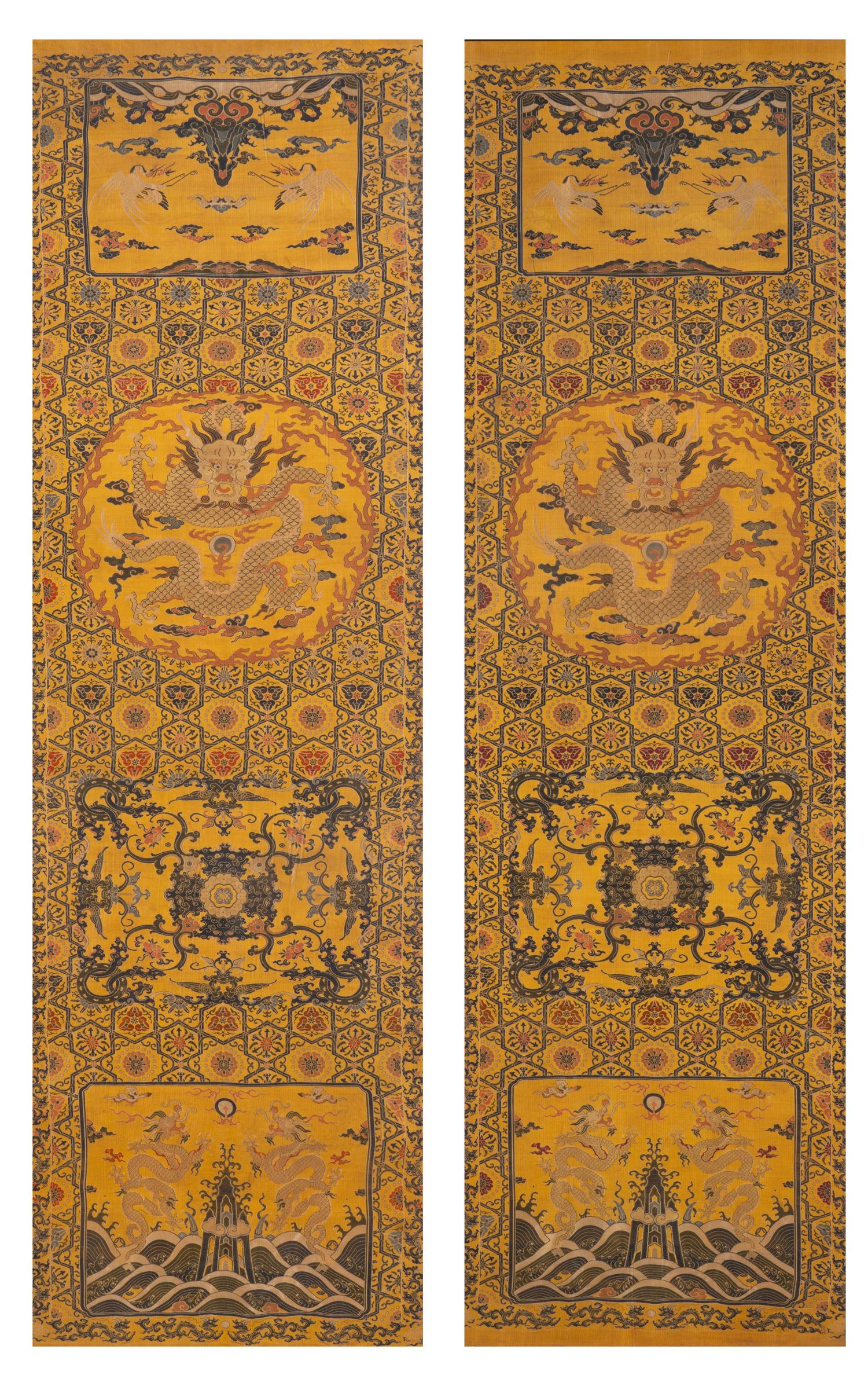 A Pair of Chinese Yellow Ground Brocade Woven 'Dragon' Silk Chair Covers