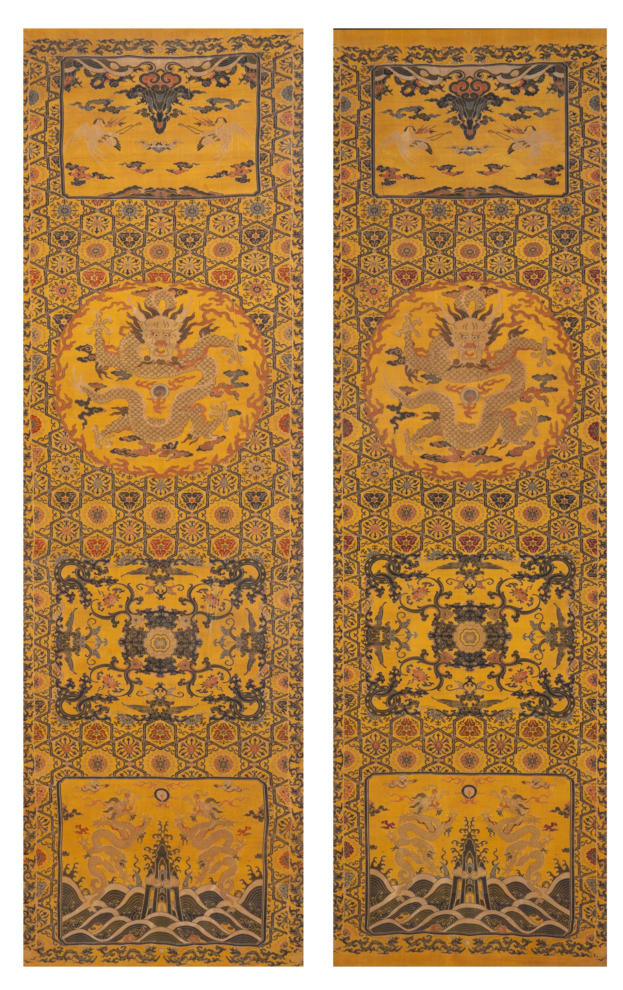 A Pair of Chinese Yellow Ground Brocade Woven 'Dragon' Silk Chair Covers