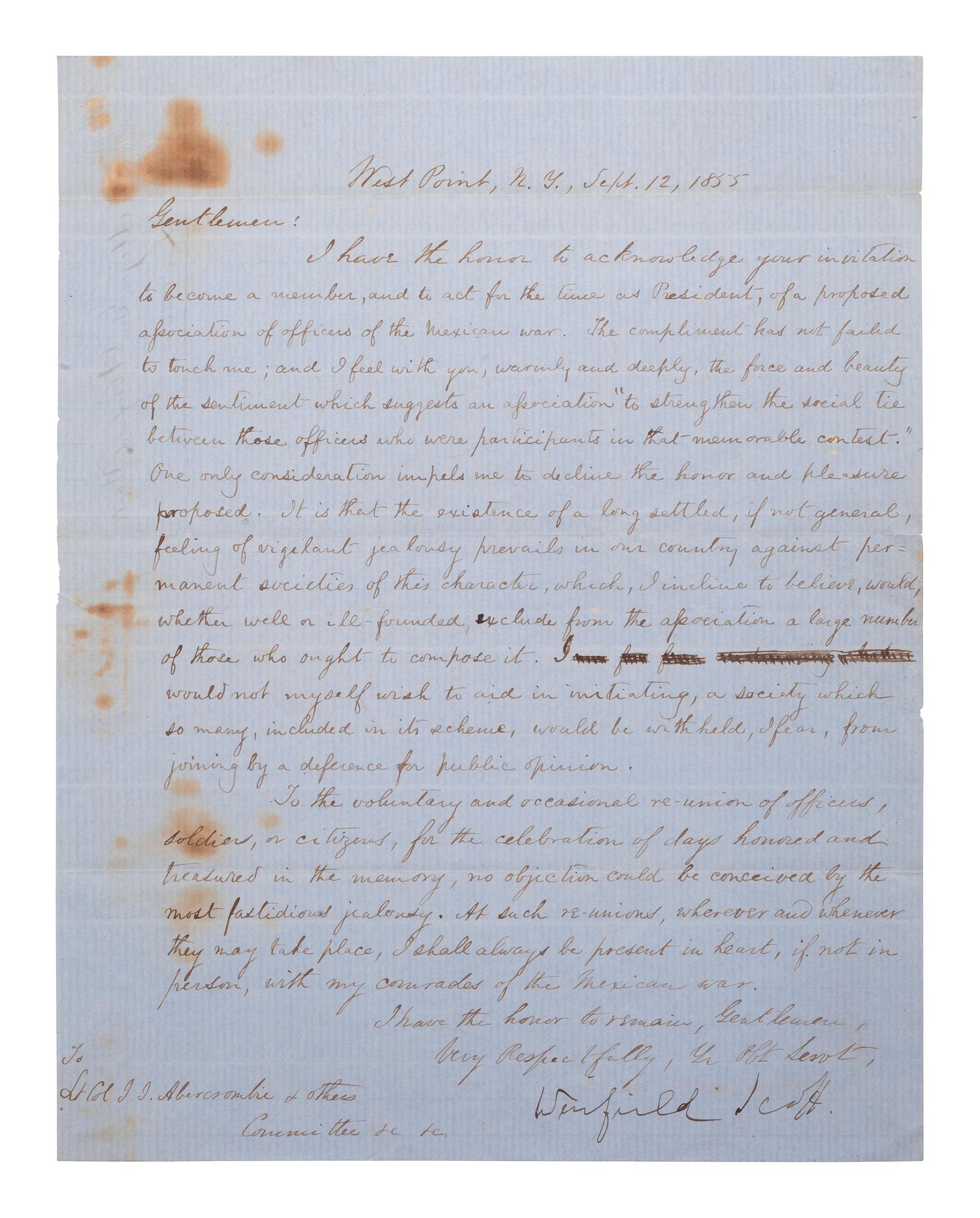 [MEXICAN WAR]. SCOTT, Winfield (1786-1866). Letter signed ("Winfield Scott"). West Point, NY, 12 September 1855.