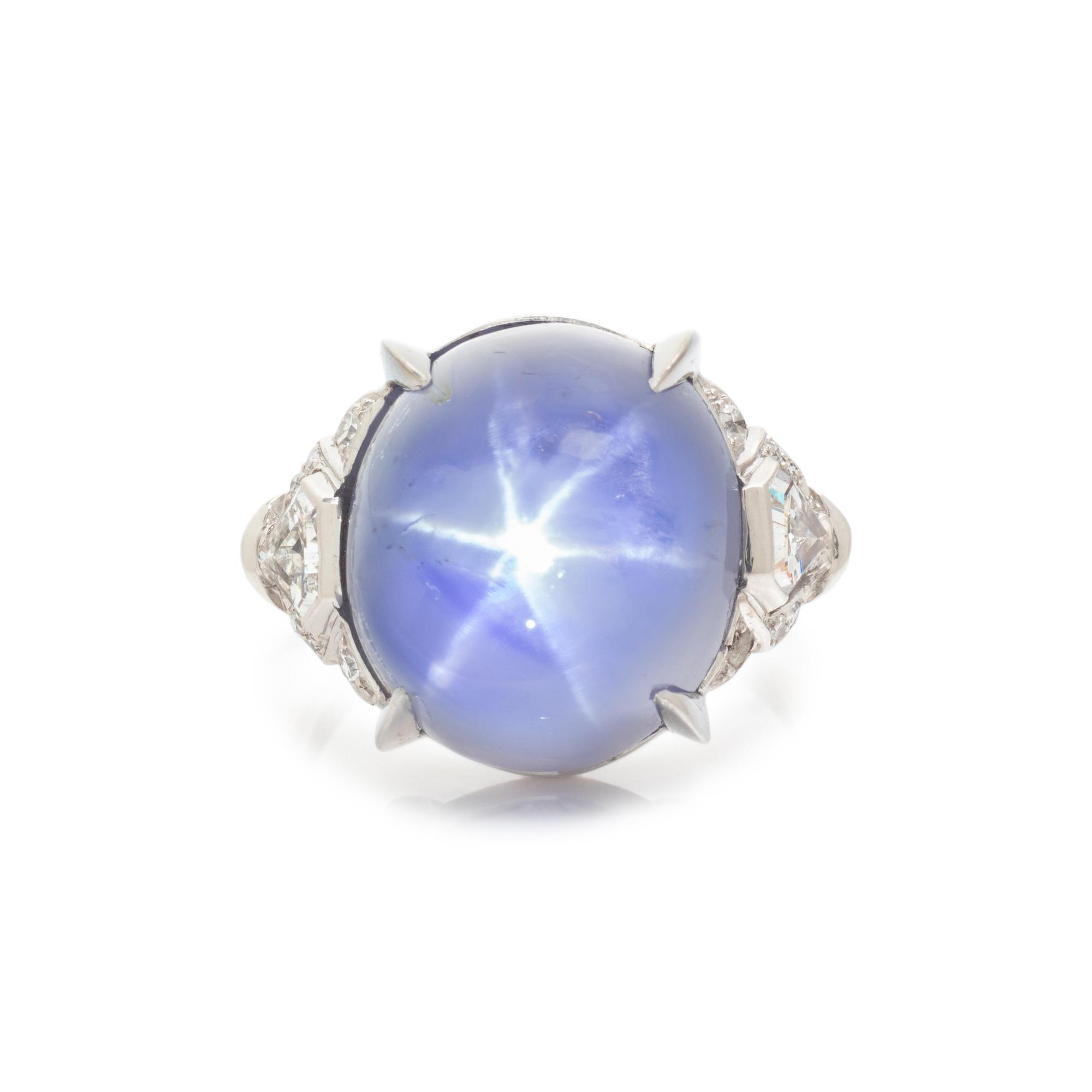 ART DECO, PLATINUM, STAR SAPPHIRE AND DIAMOND RING