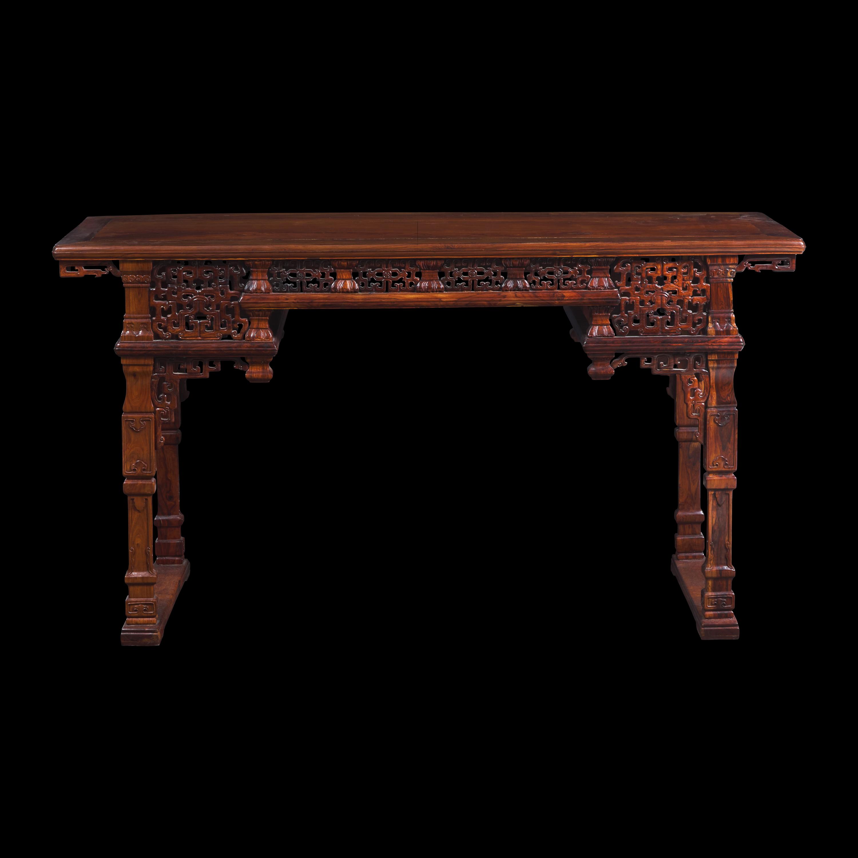 A Chinese Carved Huanghuali Side Table, Tiaozhuo, Late 19th to 20th Century 晚清民國 黃花梨透雕夔龍紋條桌