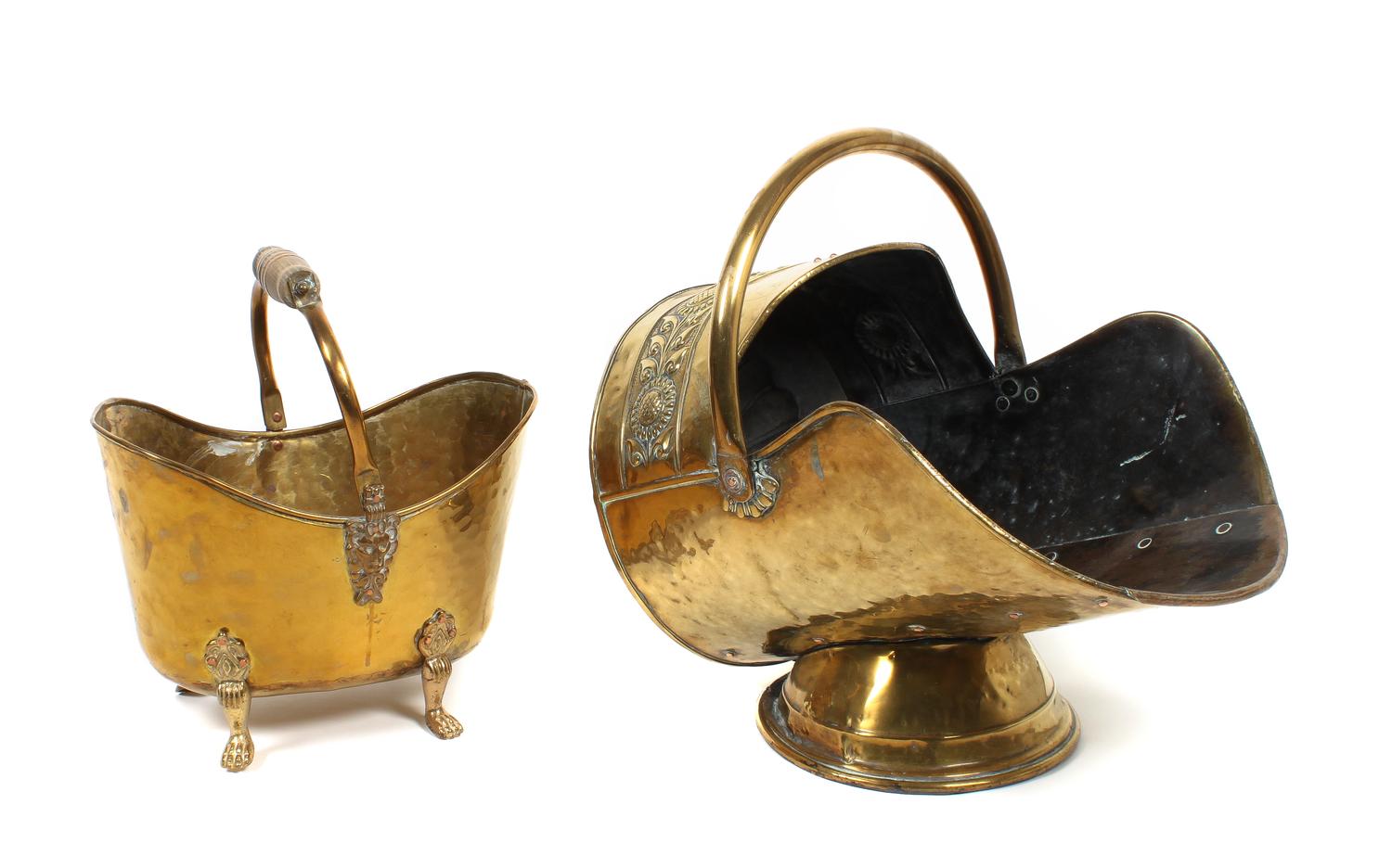Two English Polished Brass Coal Scuttles Height 17 x width 16 1/2 x depth 13 1/2 inches