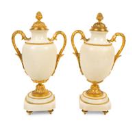 A Pair of Empire Style Gilt Bronze Mounted White Marble Urns — 19TH/20TH CENTURY