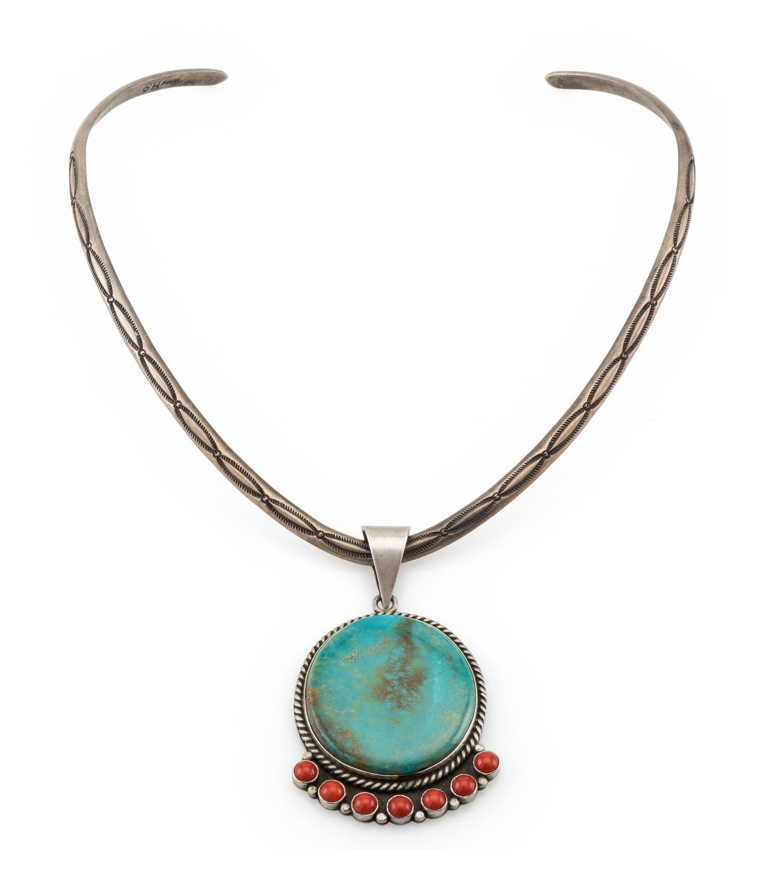 Stamped Sterling Silver Collar, with Turquoise and Coral Pendant