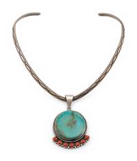 Stamped Sterling Silver Collar, with Turquoise and Coral Pendant