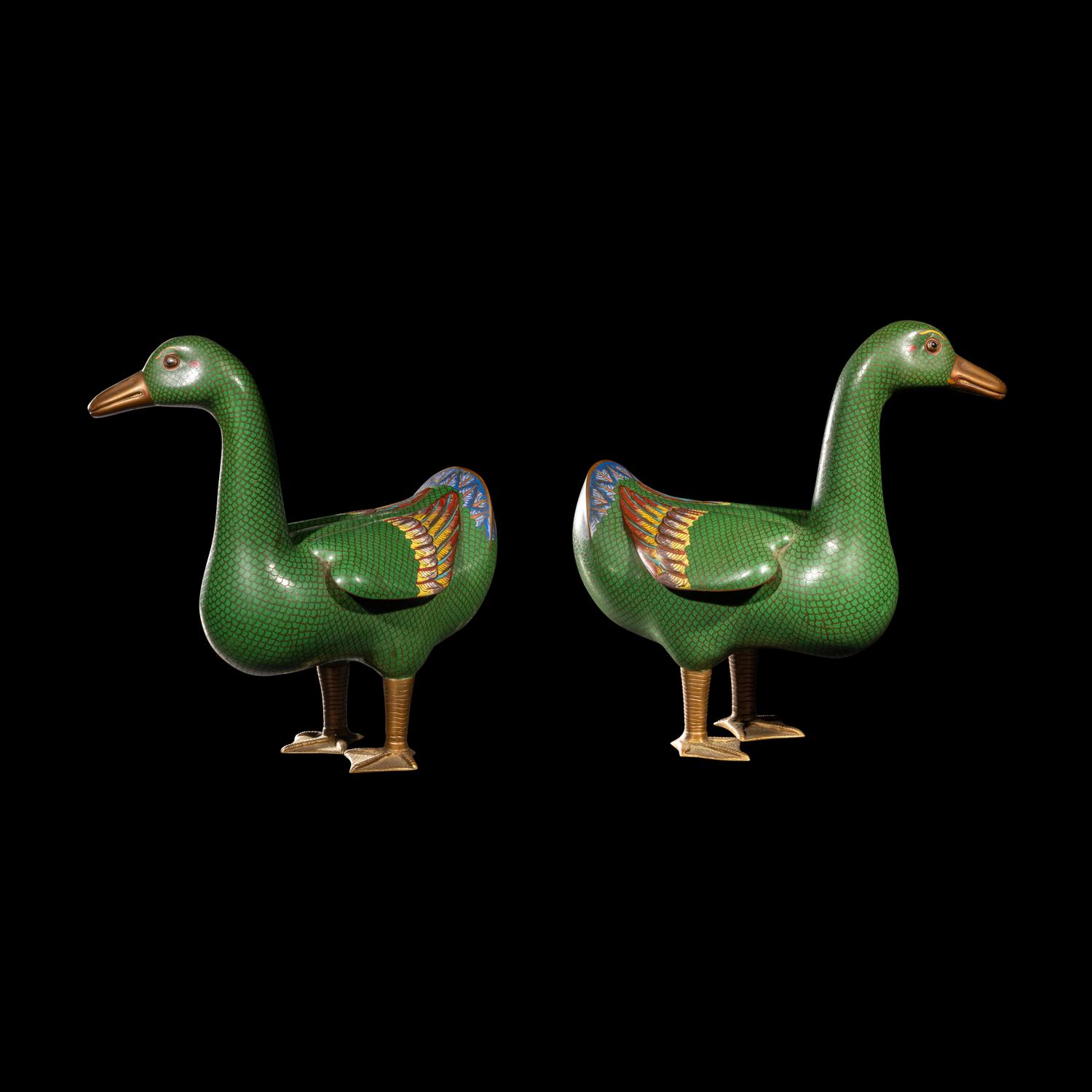 A Pair of Chinese Cloisonne Enamel Figures of Ducks
