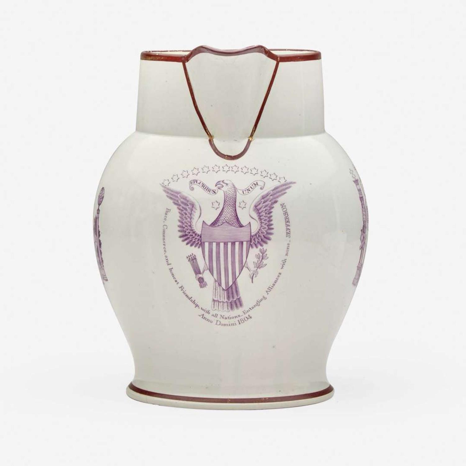 A Staffordshire enamel and transfer-decorated pearlware jug in mulberry England, dated "1804"