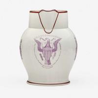 A Staffordshire enamel and transfer-decorated pearlware jug in mulberry England, dated "1804"