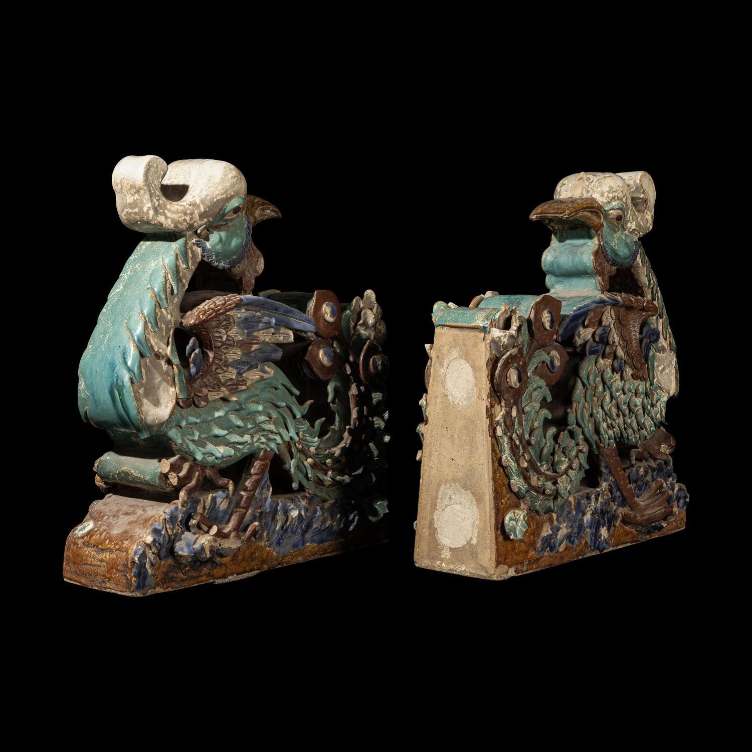A Pair of Large Chinese Glazed Stoneware Architectural Tilework Phoenixes, Late 18th/19th Century 清中期 琉璃鳳凰大鴟吻一對